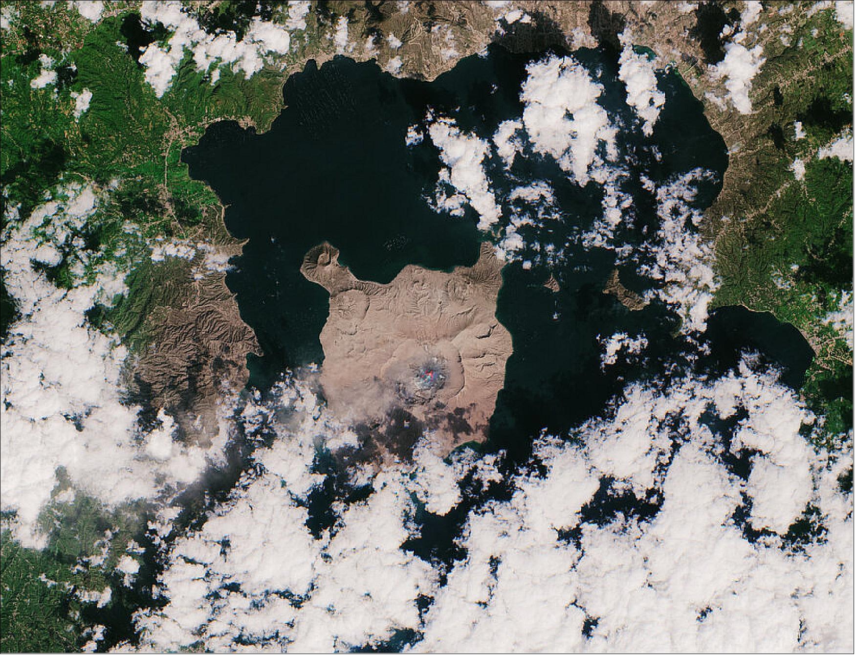 Figure 65: This almost cloud-free image was captured today 23 January at 02:20 GMT (10:20 local time) by the Copernicus Sentinel-2 mission, and shows the island, in the center of the image, completely covered in a thick layer of ash (image credit: ESA, the image contains modified Copernicus Sentinel data (2020), processed by ESA, CC BY-SA 3.0 IGO)