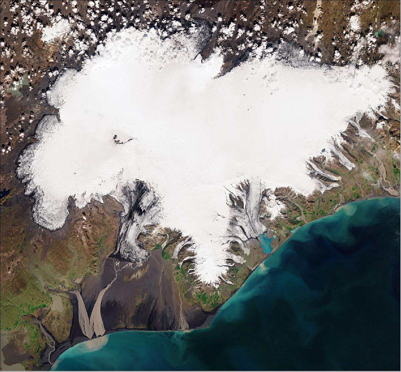 Figure 14: Covering an area of around 8400 km2, which is three times the size of Luxembourg, Vatnajökull is not only classified as the biggest glacier in Iceland, but the biggest in Europe. With an average ice thickness of around 900 m, the ice cap has about 30 outlet glaciers – many of which are retreating owing to warming temperatures. This image is also featured on the Earth from Space video program (image credit: ESA, the image contains modified Copernicus Sentinel data (2019), processed by ESA)