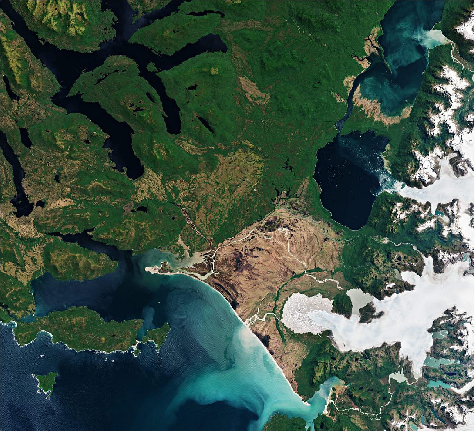 Figure 11: The image depicts the west part of the Northern Patagonian Ice Field which has 28 exit glaciers, with the largest two, San Rafael and San Quintín, visible here. San Rafael Glacier, which can be seen in the upper-right of the image, is one of the most actively calving glaciers in the world and the fastest-moving glacier in Patagonia – ‘flowing’ at a speed of around 7.6 km per year. This image is also featured on the Earth from Space video program (image credit: ESA, the image contains modified Copernicus Sentinel data (2018), processed by ESA, CC BY-SA 3.0 IGO)