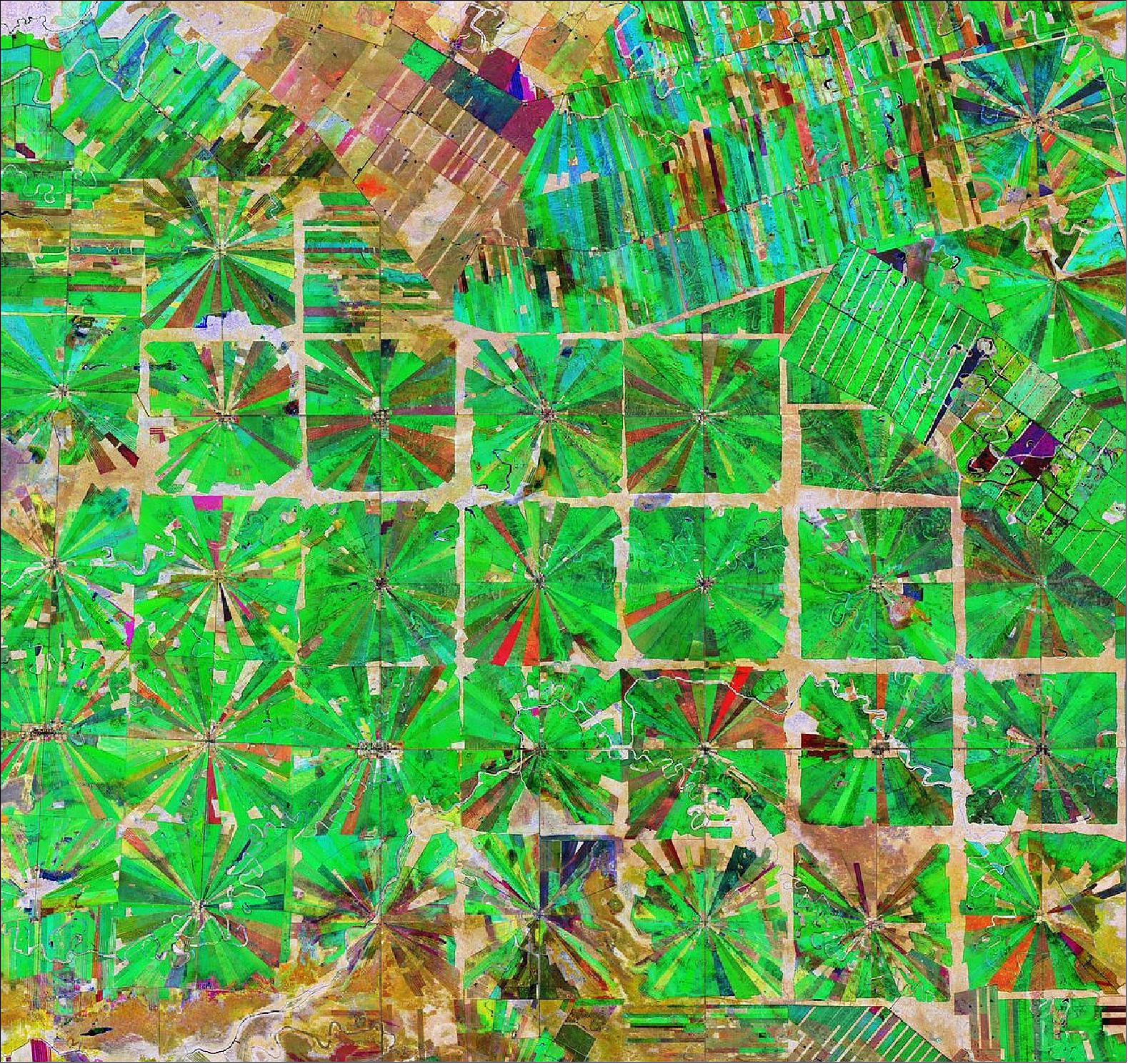 Figure 64: This composite image was created by combing three separate ‘Normalized Difference Vegetation Index’ images from the Copernicus Sentinel-2 mission. The first image, from 8 April 2019, is visible in red; the second from 22 June 2019, can be seen in green; and the third from 5 September 2019 can be seen in blue. The Normalized Difference Vegetation Index is widely used in remote sensing as it gives scientists an accurate measure of healthy and status of plant growth. This image is also featured on the Earth from Space video program (image credit: ESA, the image contains modified Copernicus Sentinel data (2019), processed by ESA, CC BY-SA 3.0 IGO)