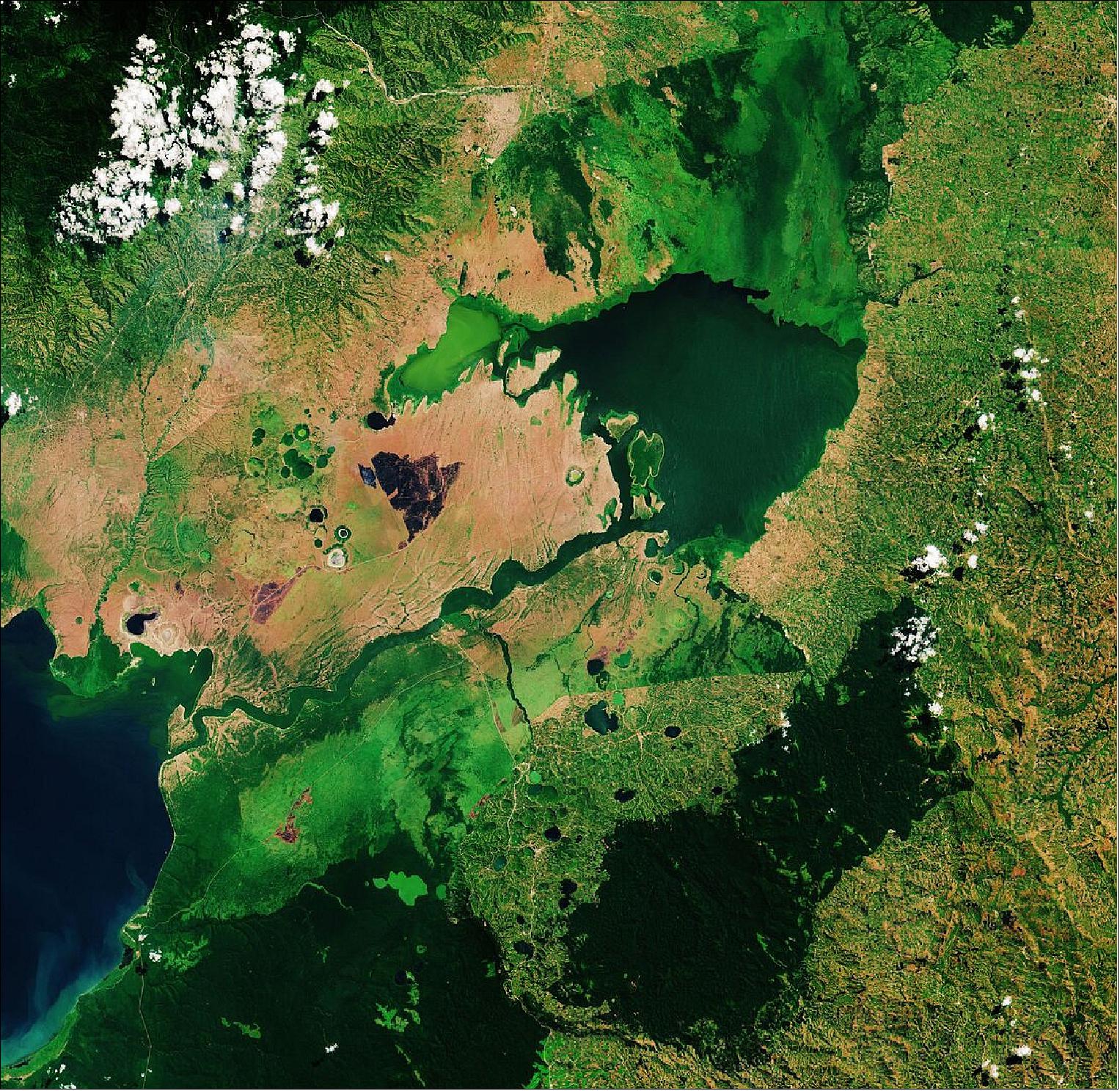 Figure 63: This Copernicus Sentinel-2 image takes us over Lake George, in western Uganda. In 1988, Lake George was designated as Uganda’s first Ramsar site, given its importance as a center for biological diversity. This image is also featured on the Earth from Space video program (image credit: ESA, the image contains modified Copernicus Sentinel data (2018), processed by ESA, CC BY-SA 3.0 IGO)