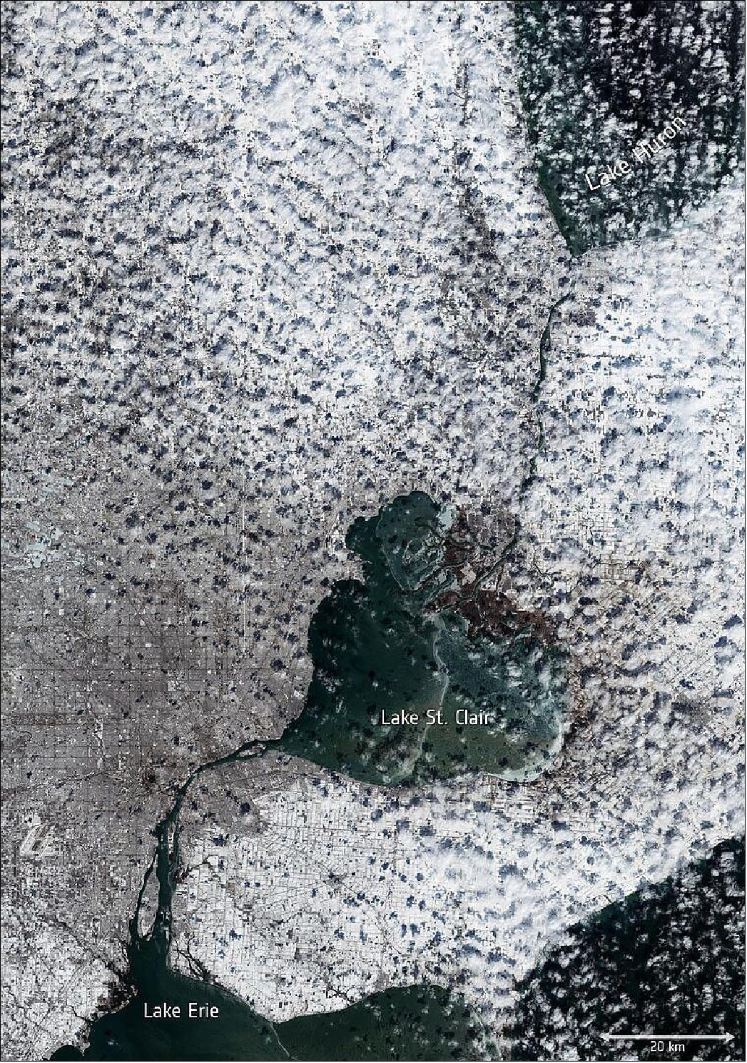 Figure 59: This image, captured by the Copernicus Sentinel-2 mission on 29 February, shows the extent of the snow in the area surrounding Lake St. Clair, Lake Erie and Lake Huron. A layer of ice can be seen over both Lake St. Clair and Lake Erie (image credit: ESA, the image contains modified Copernicus Sentinel data (2020), processed by ESA, CC BY-SA 3.0 IGO)