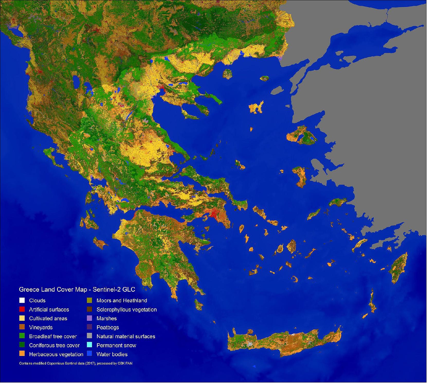 Figure 54: Greece land cover map (image credit: ESA, the image contains modified Copernicus Sentinel data (2017), processed by CBK PANsí mi)