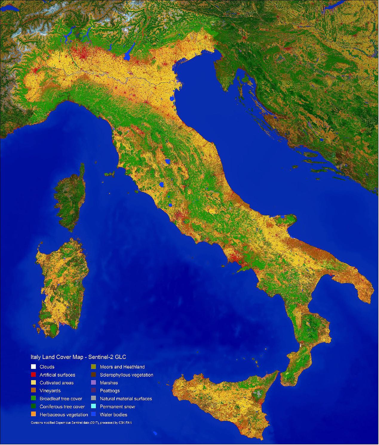 Figure 53: Italy’s land classified map (image credit: ESA, the image contains modified Copernicus Sentinel data (2017), processed by CBK PANsí mi)
