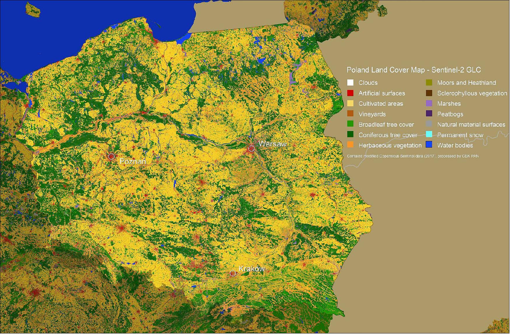 Figure 52: Poland land cover map (image credit: ESA, the image contains modified Copernicus Sentinel data (2017), processed by CBK PANsí mi)
