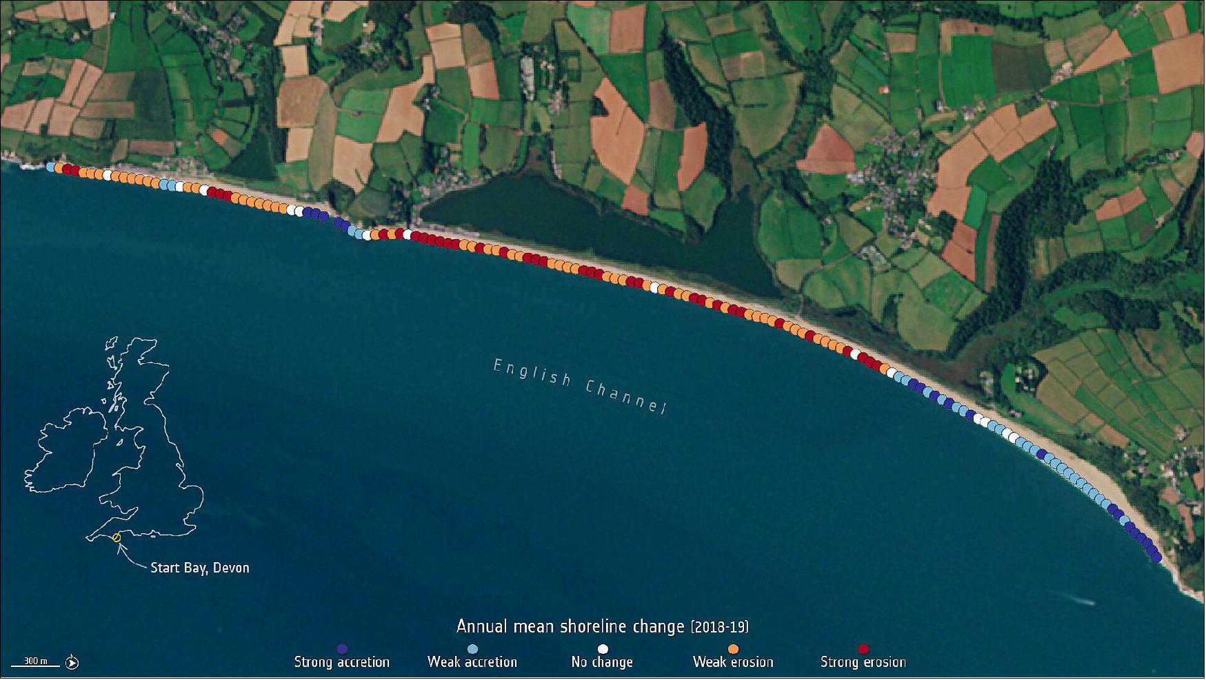 Figure 61: This image shows the annual mean shoreline change in Start Bay, Devon. Areas in red indicate strong erosion, while areas in dark blue show strong accretion (image credit: ESA, the image contains modified Copernicus sentinel data (2018-19), processed by ESA/ARGANS Ltd.)