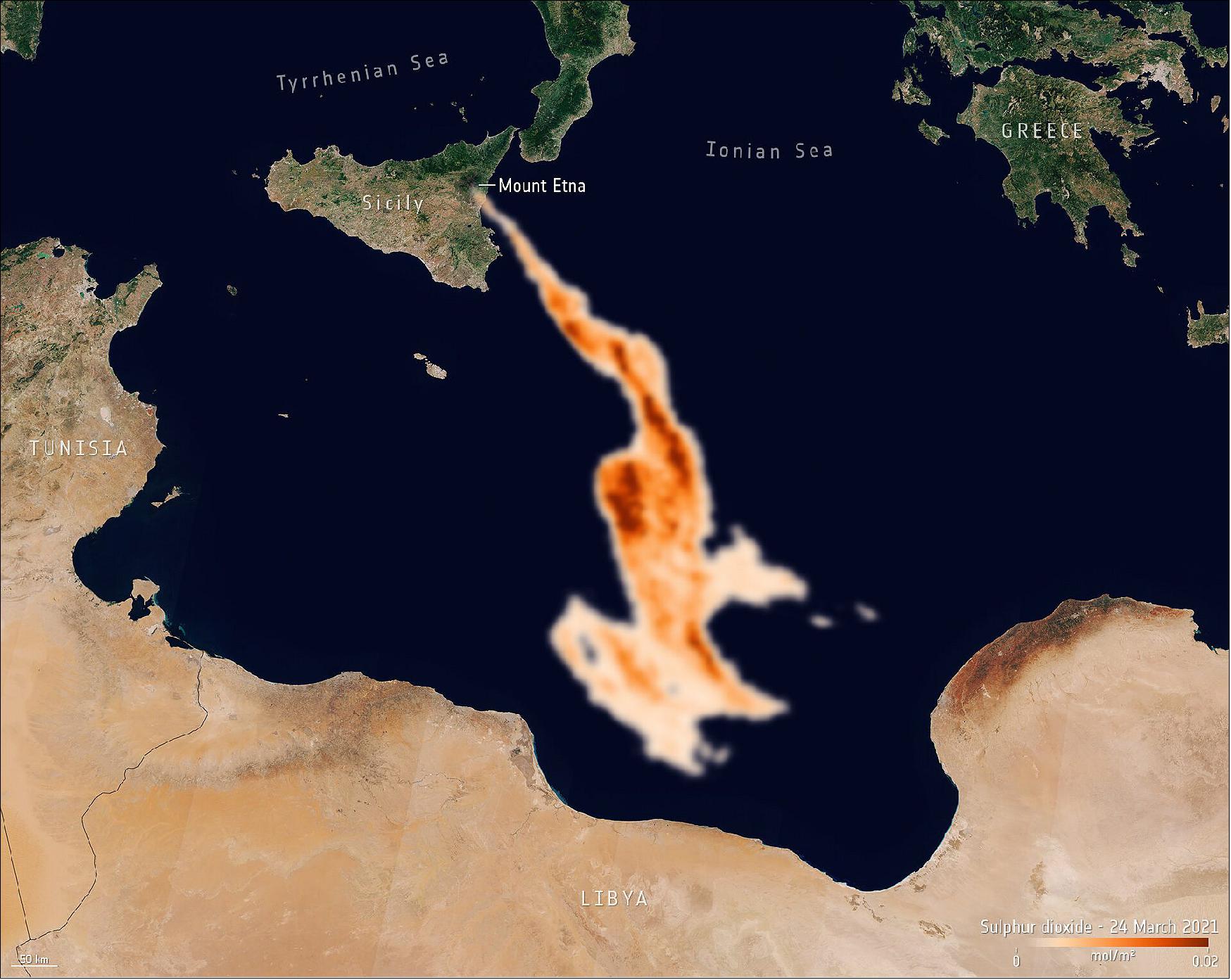 Figure 60: Sulphur dioxide concentrations on 24 March 2021. Atmospheric sensors on satellites can also identify the gases and aerosols released by the eruption, as well as quantify their wider environmental impact. This image, captured by the Copernicus Sentinel-5P satellite, shows the sulphur dioxide concentrations visible travelling southwards towards Libya. Sulphur dioxide is released from a volcano when magma is relatively close to the surface (image credit: ESA, the image contains modified Copernicus Sentinel data (2021), processed by ESA, CC BY-SA 3.0 IGO)