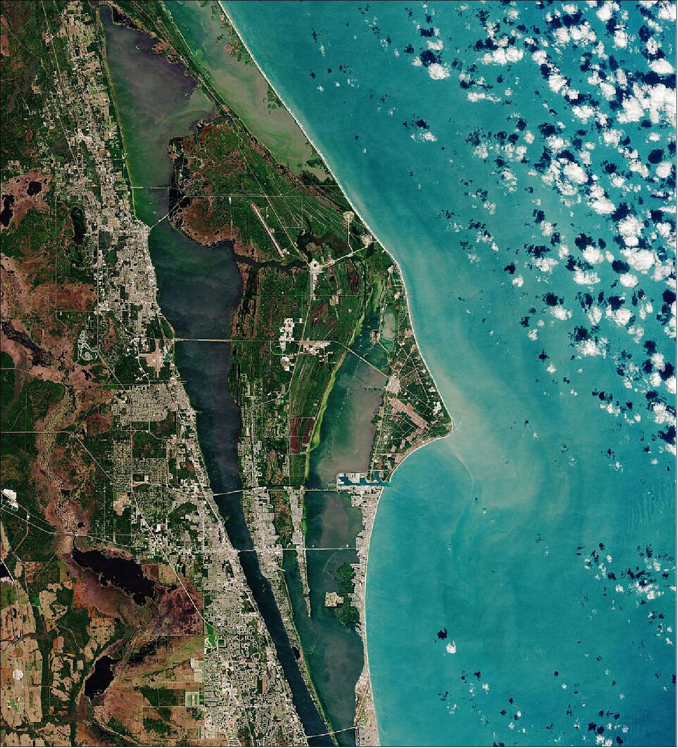 Figure 57: Cape Canaveral is a cape and city in Brevard County, in east-central Florida. The cape is separated from the mainland by the Banana River, Merritt Island and the Indian River from east to west. This image, captured on 2 February 2021, is also featured on the Earth from Space video program (image credit: ESA)