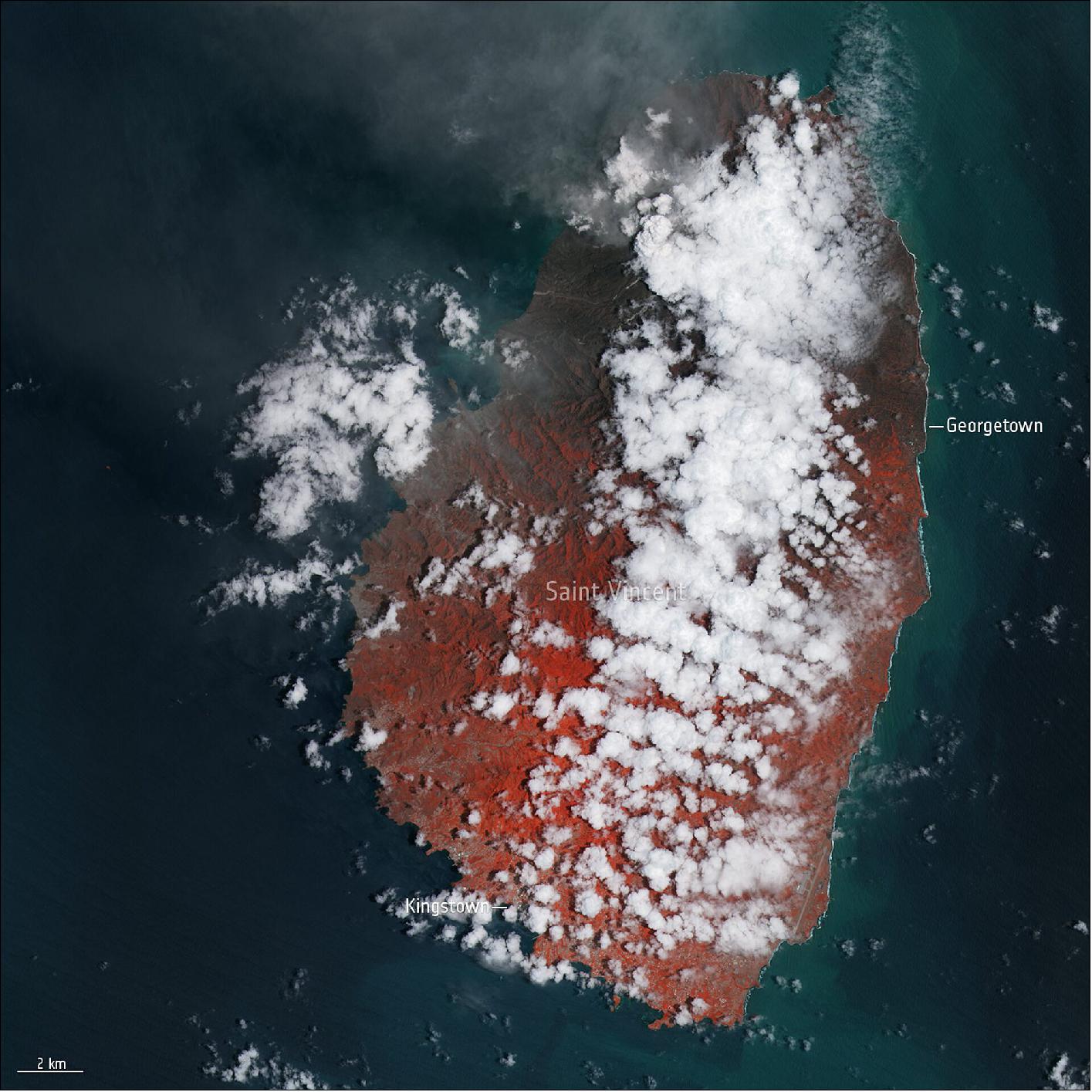 Figure 56: This image was taken on 13 April, and shows the northern part of the island covered in ash ((image credit: ESA, the image contains modified Copernicus Sentinel data (2021), processed by ESA, CC BY-SA 3.0 IGO)