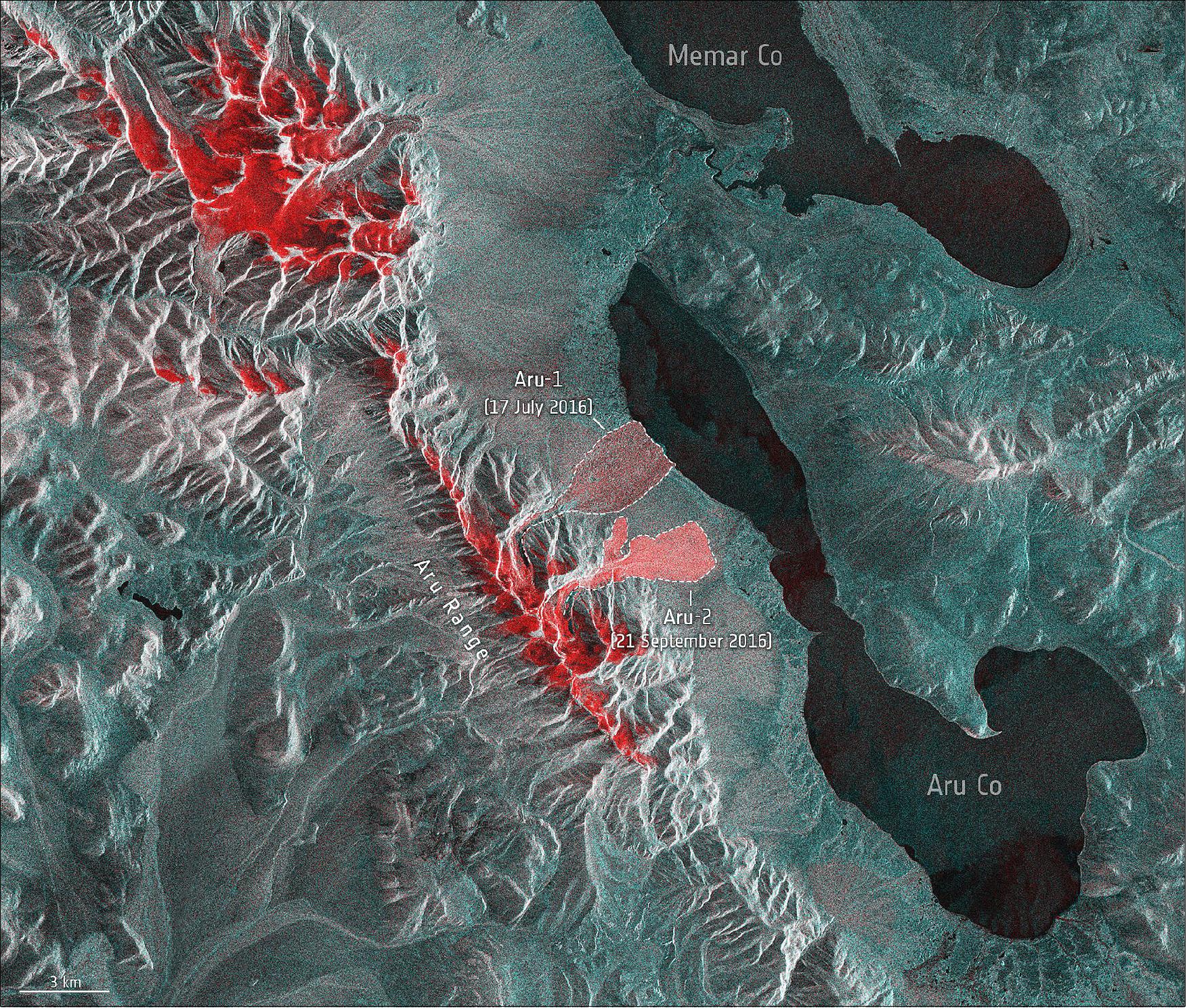 Figure 52: Glacier avalanches in Tibet’s Aru mountain range. In 2016, a glacier in Tibet’s Aru mountain range suddenly collapsed, killing 10 people and hundreds of livestock. A few months later, a second glacier in the same mountain range also unexpectedly collapsed. The image, based on data from the Copernicus Sentinel-1 mission, shows the traces left after these two avalanches. For several years now, scientists have known that glaciers can detach from the mountain rock like this and gush down to the valley at speeds of up to 300 km/hr as a fluid ice-rock avalanche (image credit: ESA, the image contains modified Copernicus Sentinel-2 data (2016), processed by CCI Glacier team and ESA)