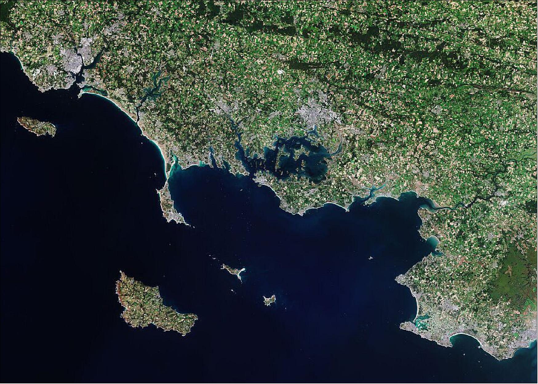 Figure 49: Brittany is an important cultural region in the northwest of France and is divided into four departments: Ille-et-Vilaine in the east, Côtes d'Armor in the north, Finistère in the west and Morbihan in the south. This image is also featured on the Earth from Space video program. (image credit: ESA, the image contains modified Copernicus Sentinel data (2020), processed by ESA, CC BY-SA 3.0 IGO)