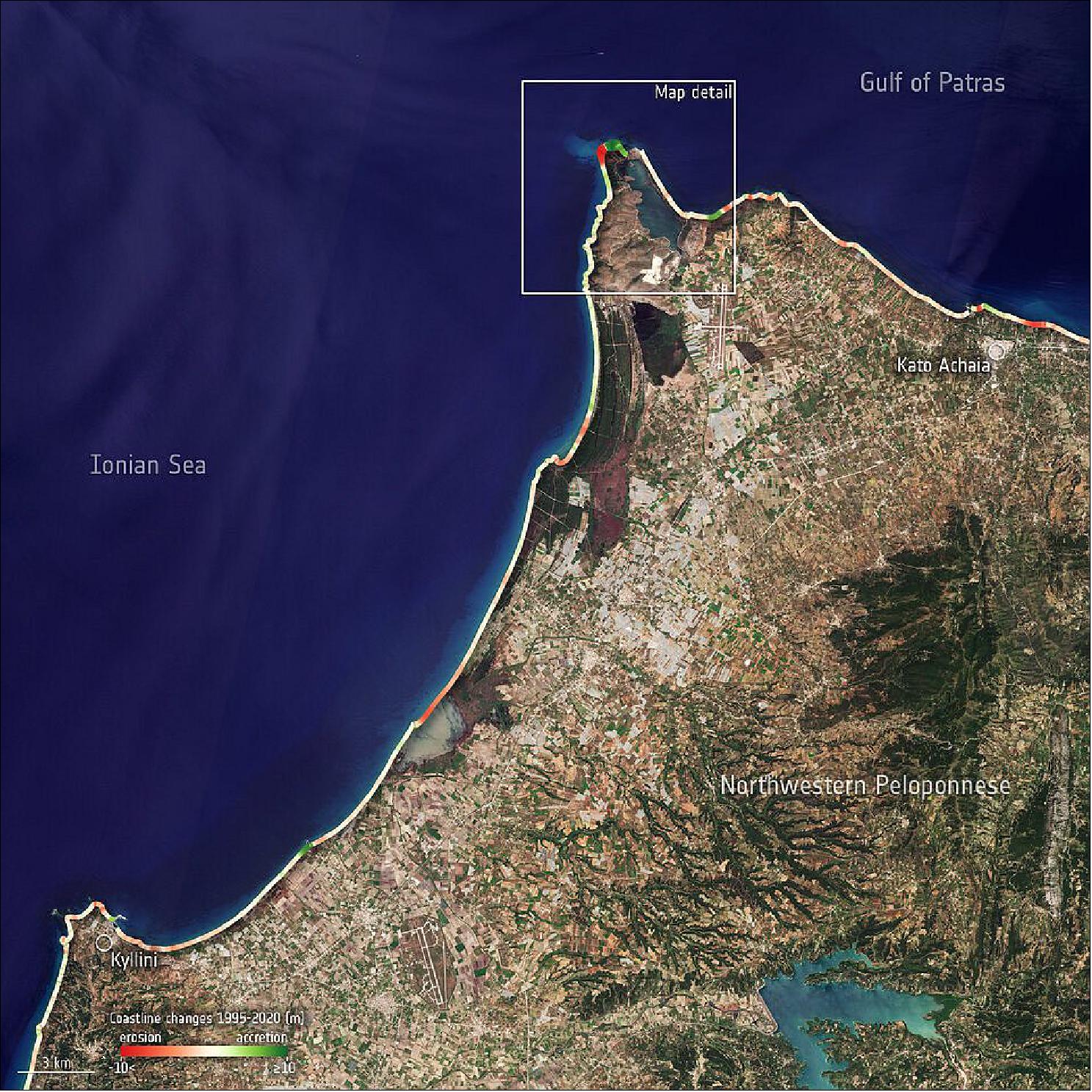 Figure 46: This image shows coastline changes from 1995-2020 along the Peloponnese peninsula in southern Greece. Areas in red indicate strong erosion, while areas in green show strong accretion (image credit: ESA, the image contains modified Copernicus Sentinel data (2021), processed by ESA/Space for Shore)