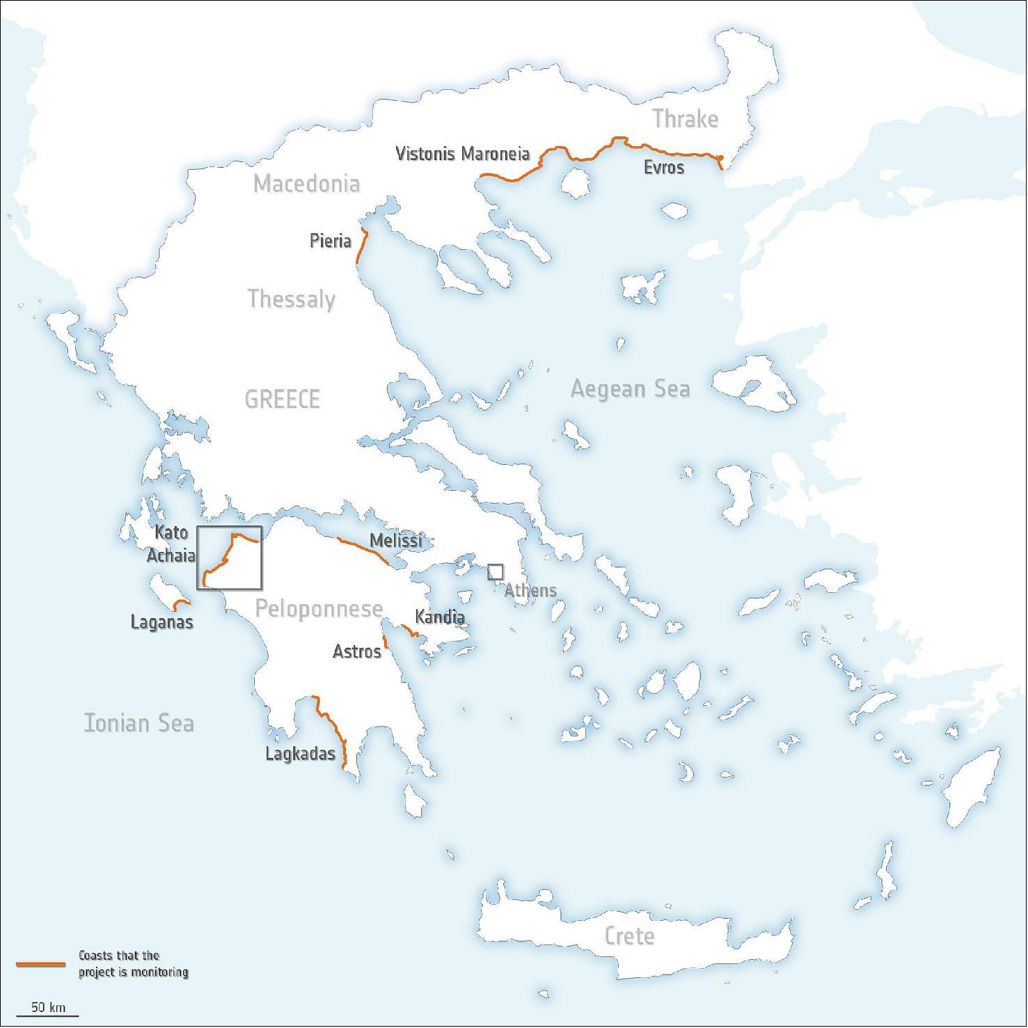 Figure 45: Coastlines in Greece mapped by Space for Shore. This map shows the coastlines in the Peloponnese, Eastern Macedonia and Thrace regions in Greece mapped by the Space for Shore project, funded by ESA (image credit: ESA)