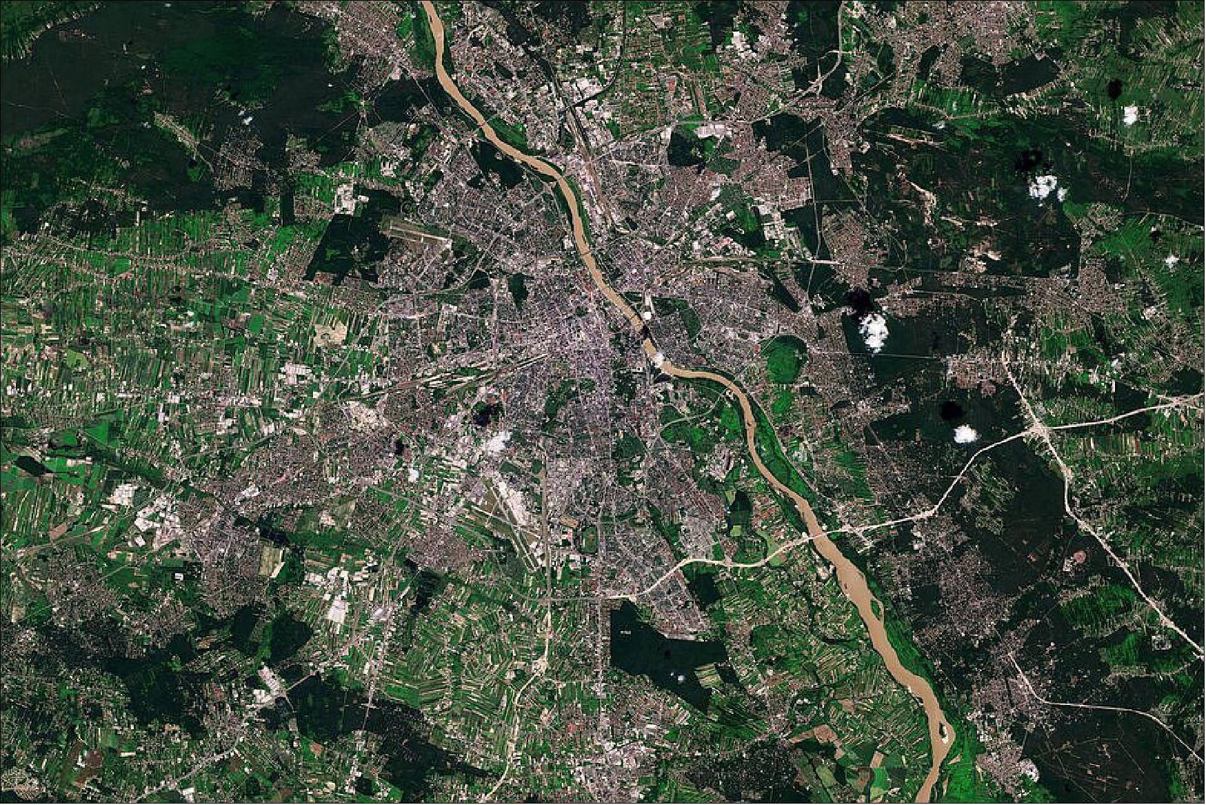 Figure 41: Located in east-central Poland, Warsaw lies in the heartland of the Masovian Plain, around 280 km from the Baltic coastal city of Gdańsk. The city saw more than 85% of its buildings destroyed during World War II, yet, despite its hardships, Warsaw has risen from the ashes – earning itself the nickname 'Phoenix City.' This image, acquired on 1 July 2020, is also featured on the Earth from Space video program (image credit: ESA, the image contains modified Copernicus Sentinel data (2020), processed by ESA, CC BY-SA 3.0 IGO)
