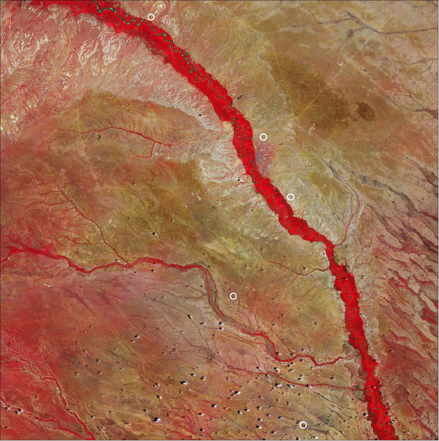 Figure 37: This false-color image, captured on 25 February 2020, was processed in a way that included the near-infrared channel. This type of band combination from Copernicus Sentinel-2 is most commonly used to assess plant density and health, as plants reflect near-infrared and green light, while absorbing red. Since they reflect more near-infrared than green, dense, plant-covered land appears in bright red. This image is also featured on the Earth from Space video program, (image credit: ESA, the image contains modified Copernicus Sentinel data (2020), processed by ESA, CC BY-SA 3.0 IGO)