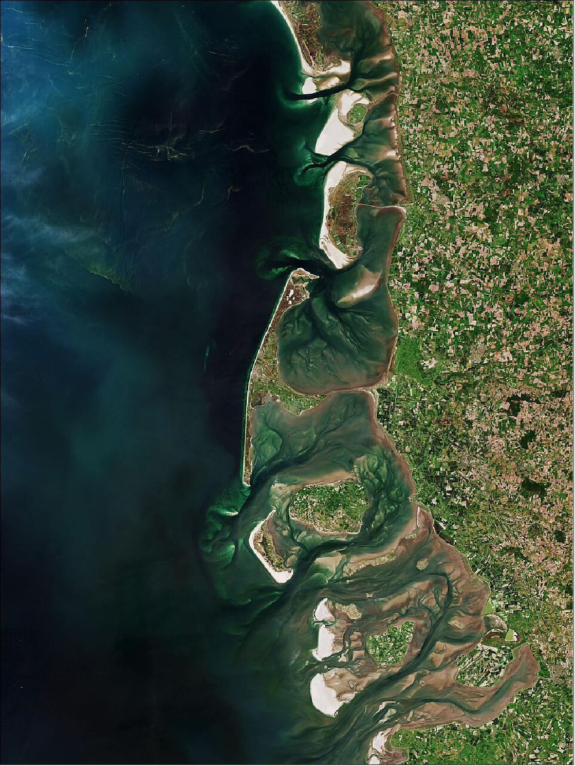 Figure 34: North Frisian Islands. Part of the Frisian Islands, a low-lying archipelago just off the coast of northern Europe, is visible in this image captured by the Copernicus Sentinel-2 mission. This image is also featured on the Earth from Space video program (image credit: ESA)