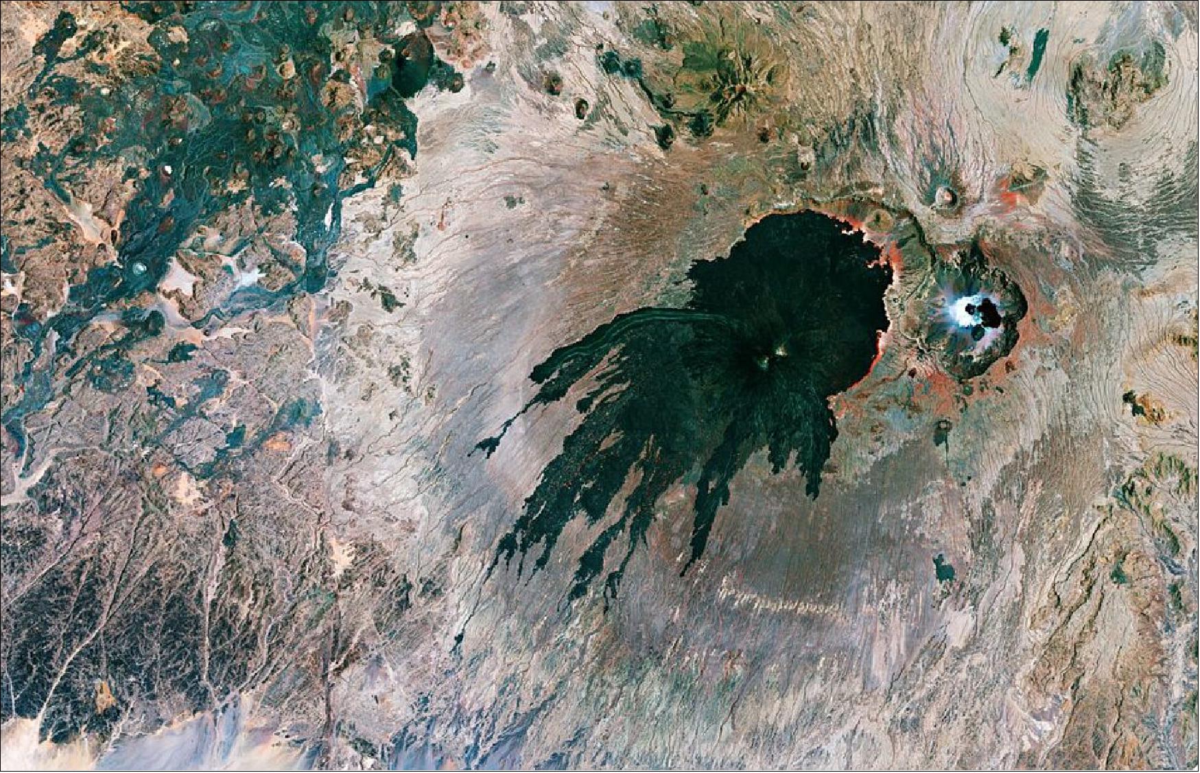Figure 31: This week’s edition of the Earth from Space program features a false-color composite image of the Tarso Toussidé volcanic massif, captured by the Copernicus Sentinel-2 mission. This image is also featured in the Earth from Space video program (image credit: ESA)