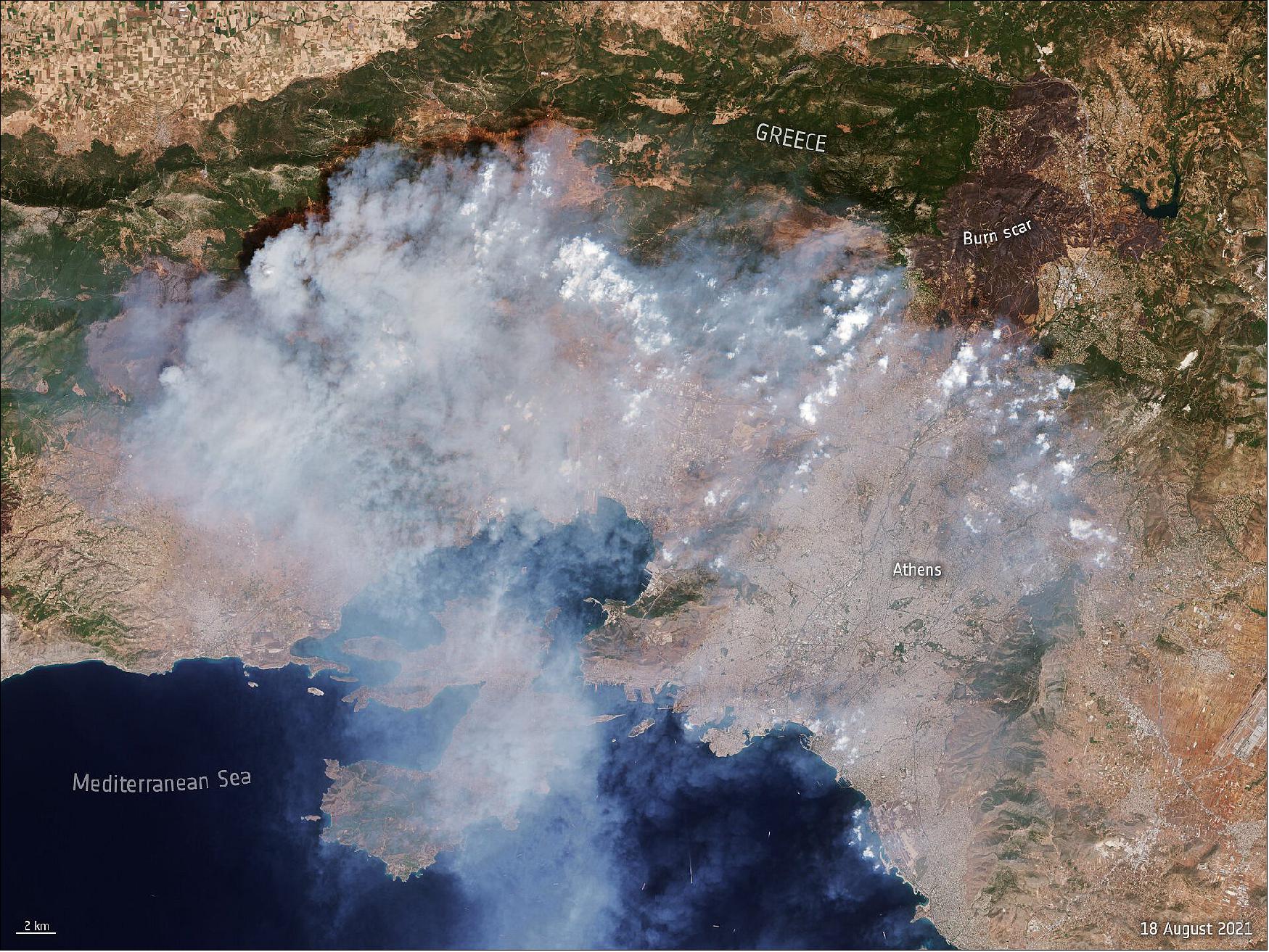 Figure 27: On Wednesday 18 August 2021, the Copernicus Sentinel-2 mission captured this image of the wildfire currently affecting the Vilia area outside Athens. In the midst of one of the worst heatwaves in decades, in the past month Greece has been ravaged by hundreds of fires (image credit: ESA, the image contains modified Copernicus Sentinel data (2021), processed by ESA, CC BY-SA 3.0 IGO)