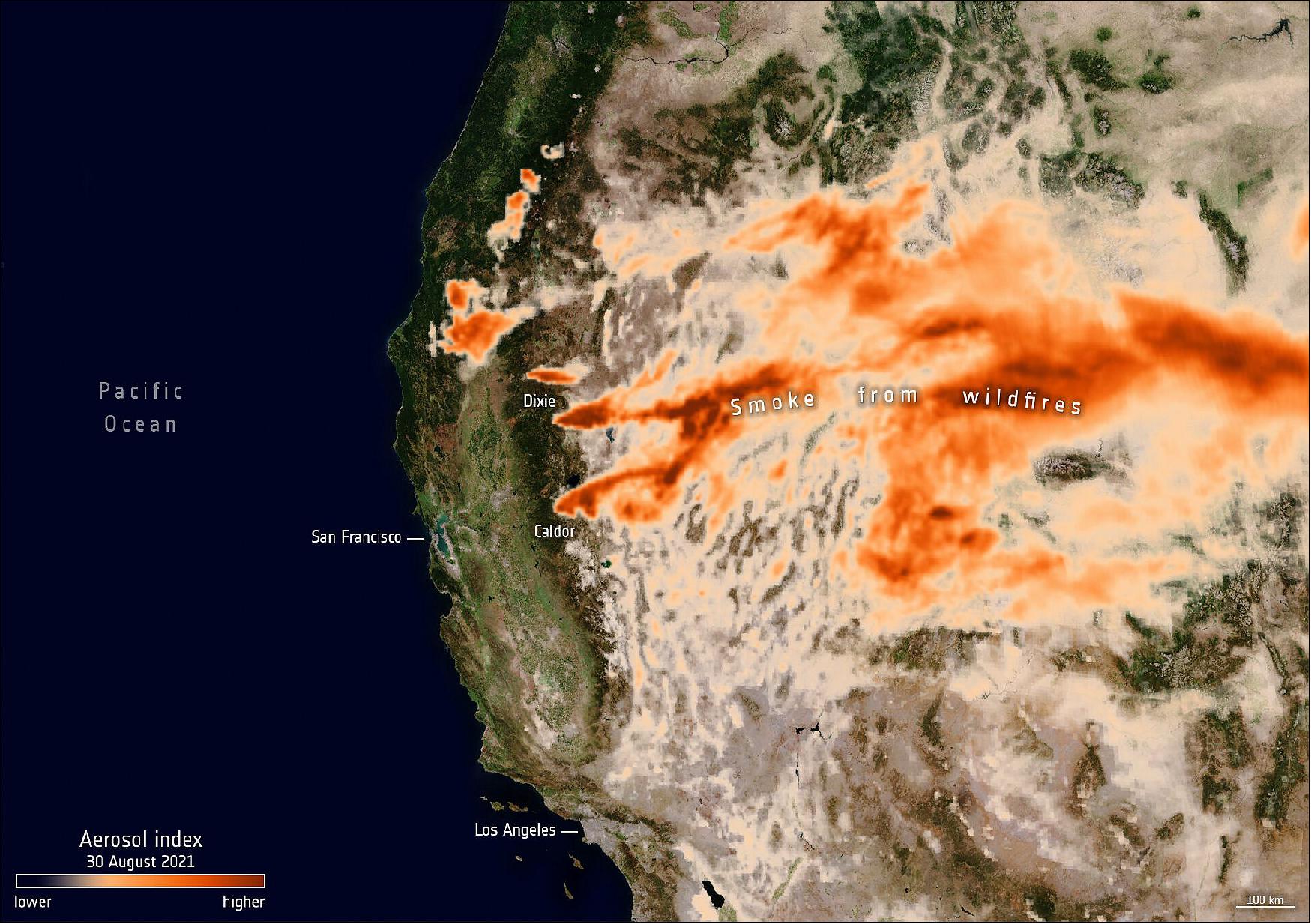 Figure 25: The Copernicus Sentinel-5P satellite captured the presence of aerosols caused by the ongoing wildfires in California on 30 August. The plumes of particles have been swept eastwards caused by western winds, even reaching Europe (image credit: ESA, the image contains modified Copernicus Sentinel data (2021), processed by ESA, CC BY-SA 3.0 IGO)