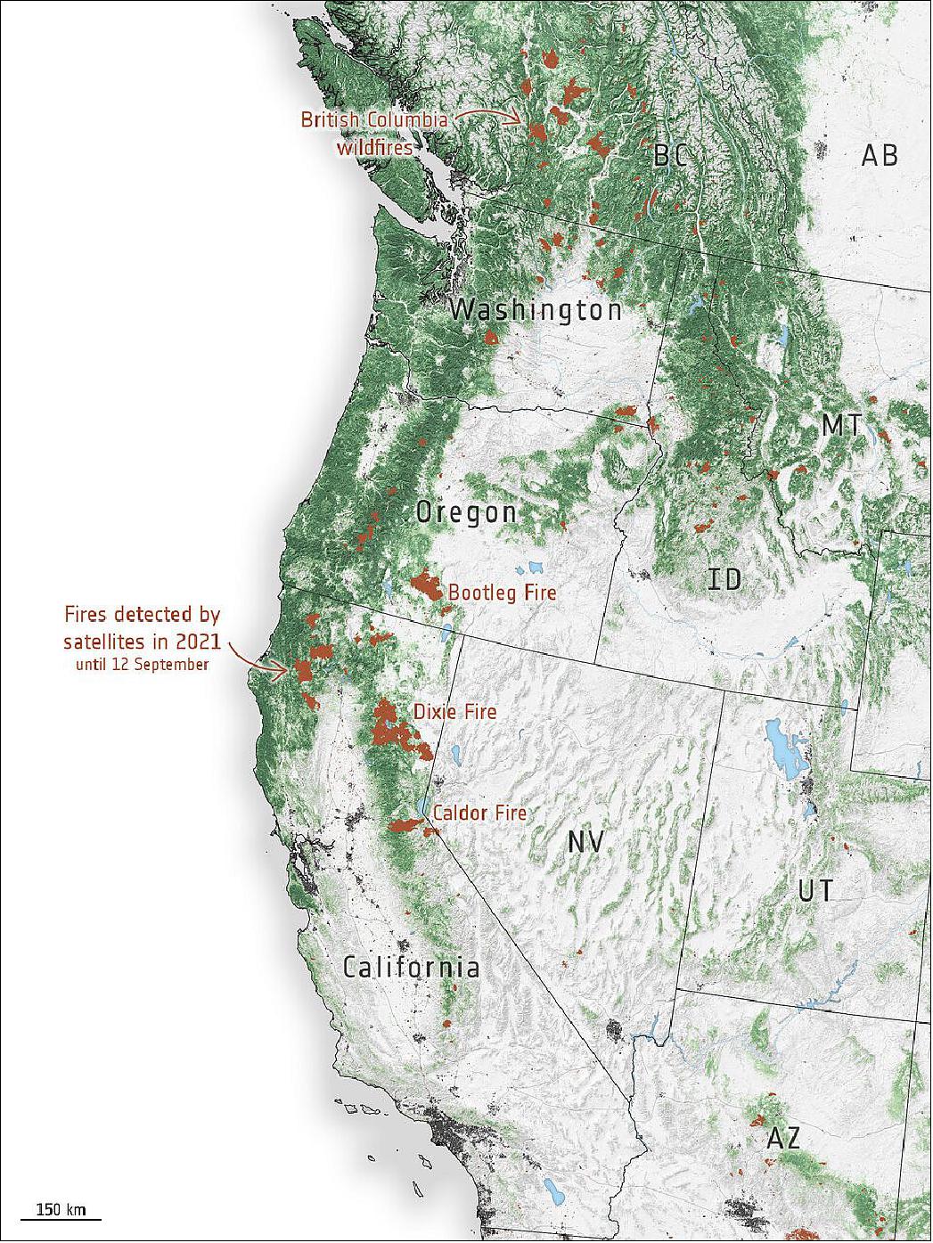 Figure 22: The map shows wildfire hotspots along the US West Coast in 2021. Further north, a number of Canadian Provinces, including British Columbia, have also been experiencing intense fires since the end of June (image credit: ESA, the image contains modified Copernicus Sentinel data (2021), processed by ESA, CC BY-SA 3.0 IGO)