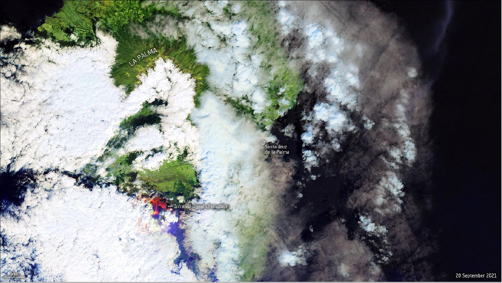 Figure 20: The image, captured on 20 September, has been processed using the mission’s shortwave-infrared band to show the ongoing activity in the volcano (image credit: ESA, the image contains modified Copernicus Sentinel data (2021), processed by ESA, CC BY-SA 3.0 IGO)