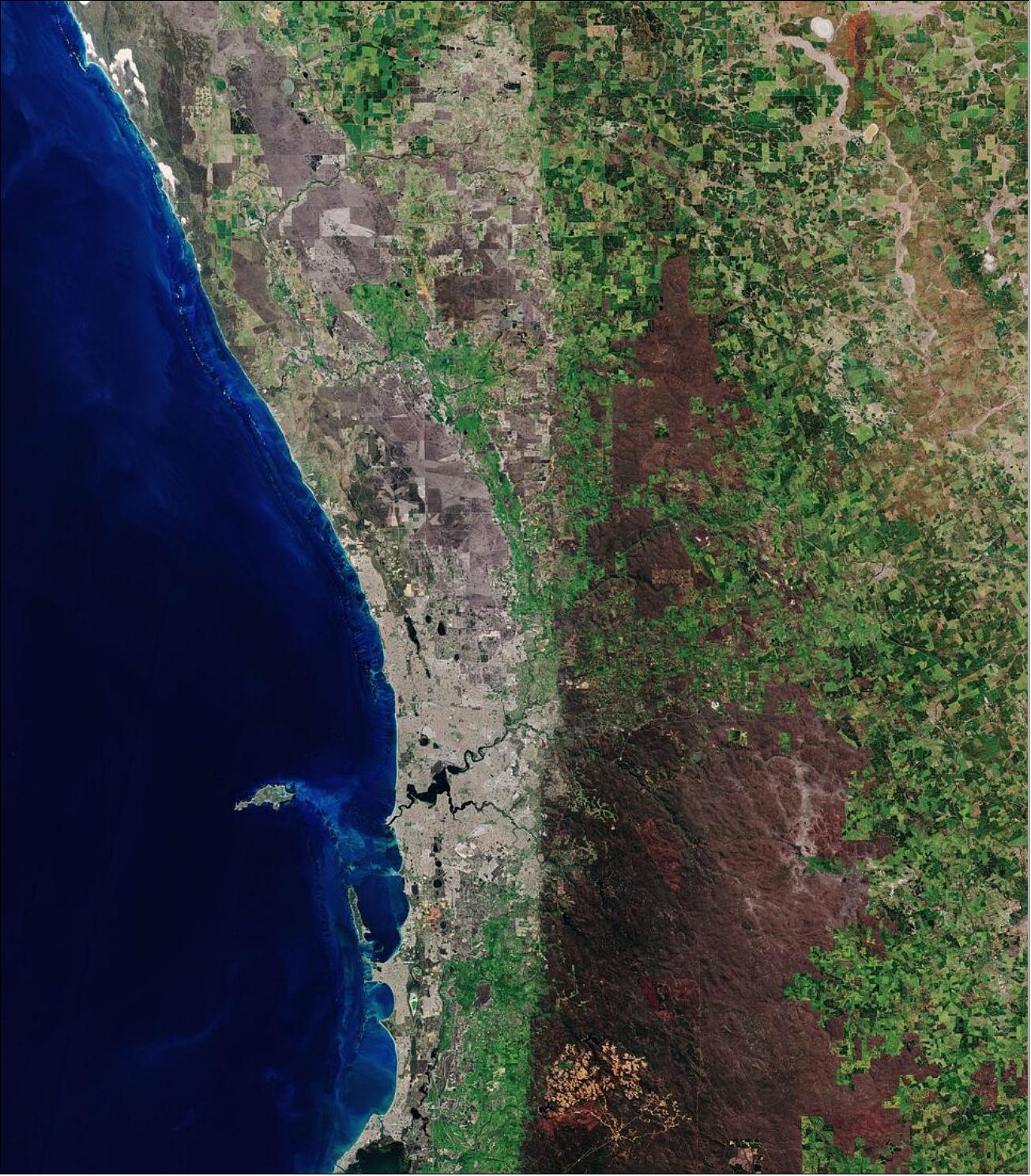 Figure 12: Perth, Western Australia’s capital and largest city, is featured in this true-color image captured by the Copernicus Sentinel-2 mission. This image is also featured on the Earth from Space video program (image credit: ESA)