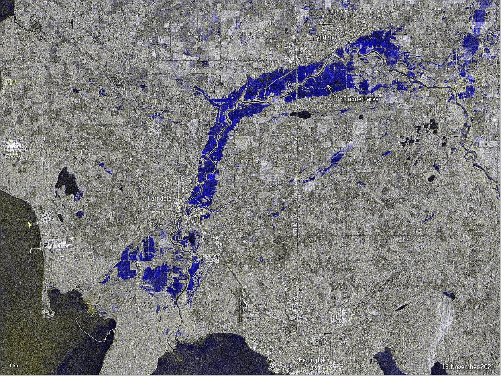 Figure 8: This SAR (Synthetic Aperture Radar) image uses information from two separate acquisitions captured by the Copernicus Sentinel-1 mission on 4 November and 16 November 2021 and shows the extent of the flooding of the Nooksack River in dark blue (image credit: ESA)