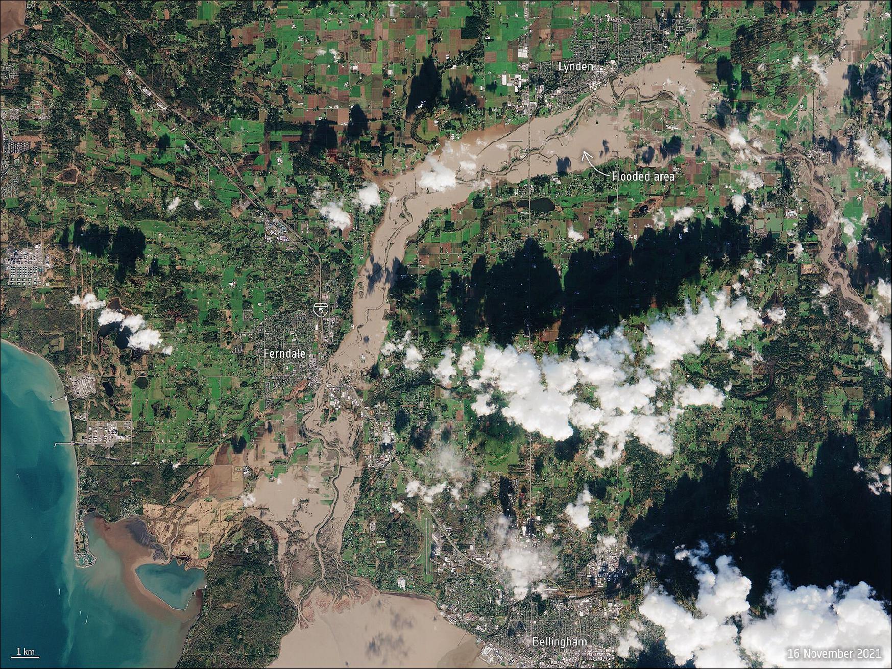Figure 7: This image, captured by the Copernicus Sentinel-2 mission on 16 November, shows the extent of the floods in the Nooksack River, which spilled over its banks this week and washed out several roads in the process. The flooding forced the evacuation of hundreds of residents and lead to the closure of schools (image credit: ESA, the image contains modified Copernicus Sentinel data (2021), processed by ESA, CC BY-SA 3.0 IGO )