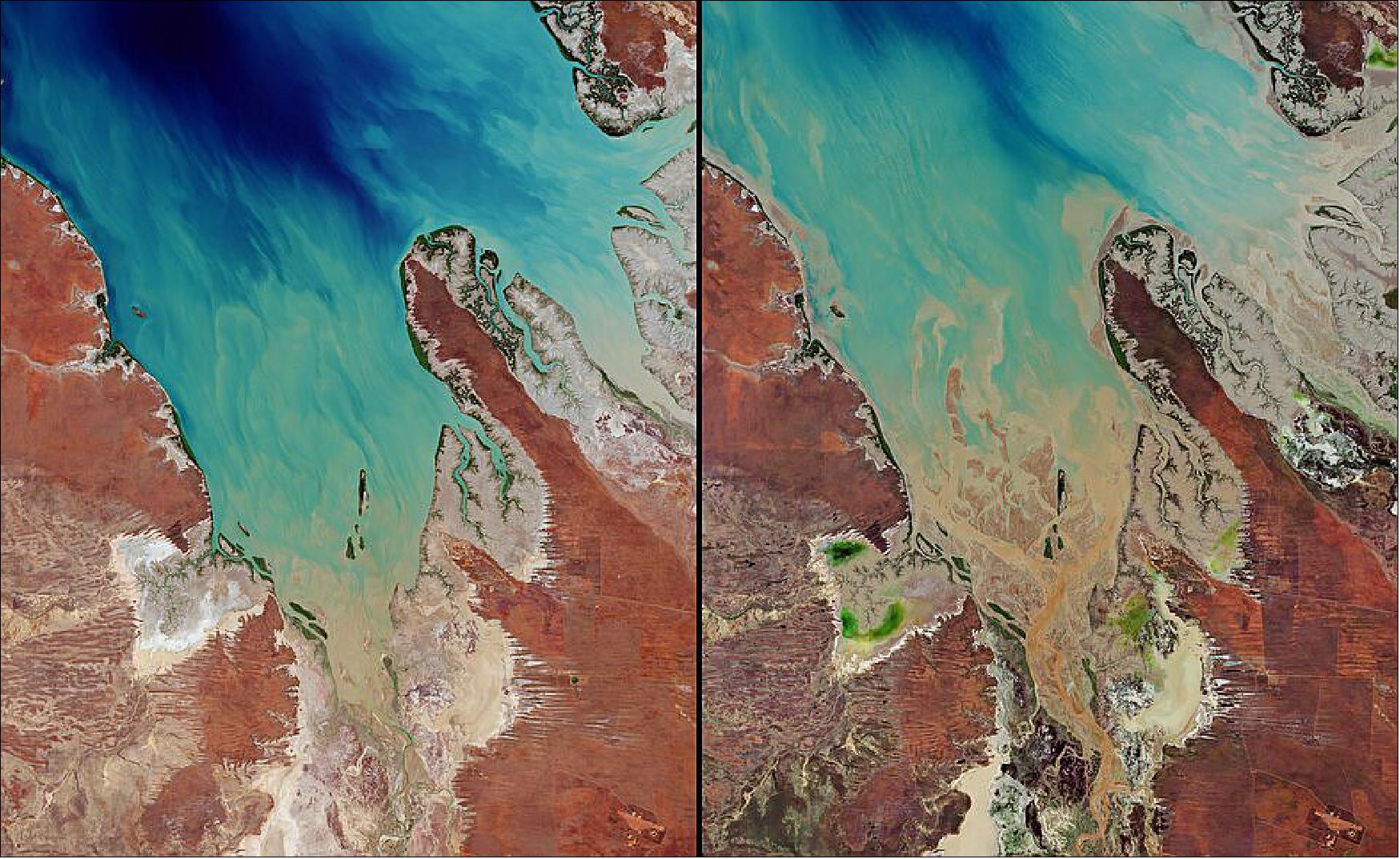 Figure 73: These images show the result of the floods brought on by heavy rainfall that hit Western Australia in late 2020. The image on the left was captured on 11 November 2020, while the image on the right was taken around a month later, on 16 December 2020 (image credit: ESA, the image contains modified Copernicus Sentinel data (2020), processed by ESA, CC BY-SA 3.0 IGO)