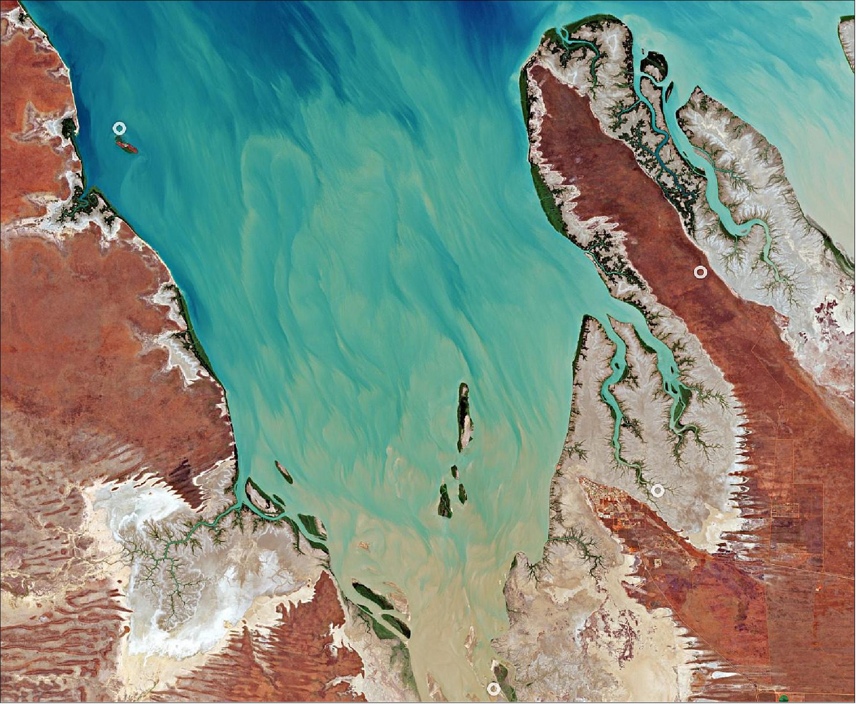 Figure 72: The tiny Valentine Island, visible in the top-left of the image, measures around 1.6 km in length and around 250 m wide. The island is located in the King Sound, a large gulf and inlet of the Indian Ocean in Australia’s Kimberley Region. The gulf is around 120 km long and averages about 50 km in width. This image is also featured on the Earth from Space video program (image credit: ESA, the image contains modified Copernicus Sentinel data (2020), processed by ESA, CC BY-SA 3.0 IGO)
