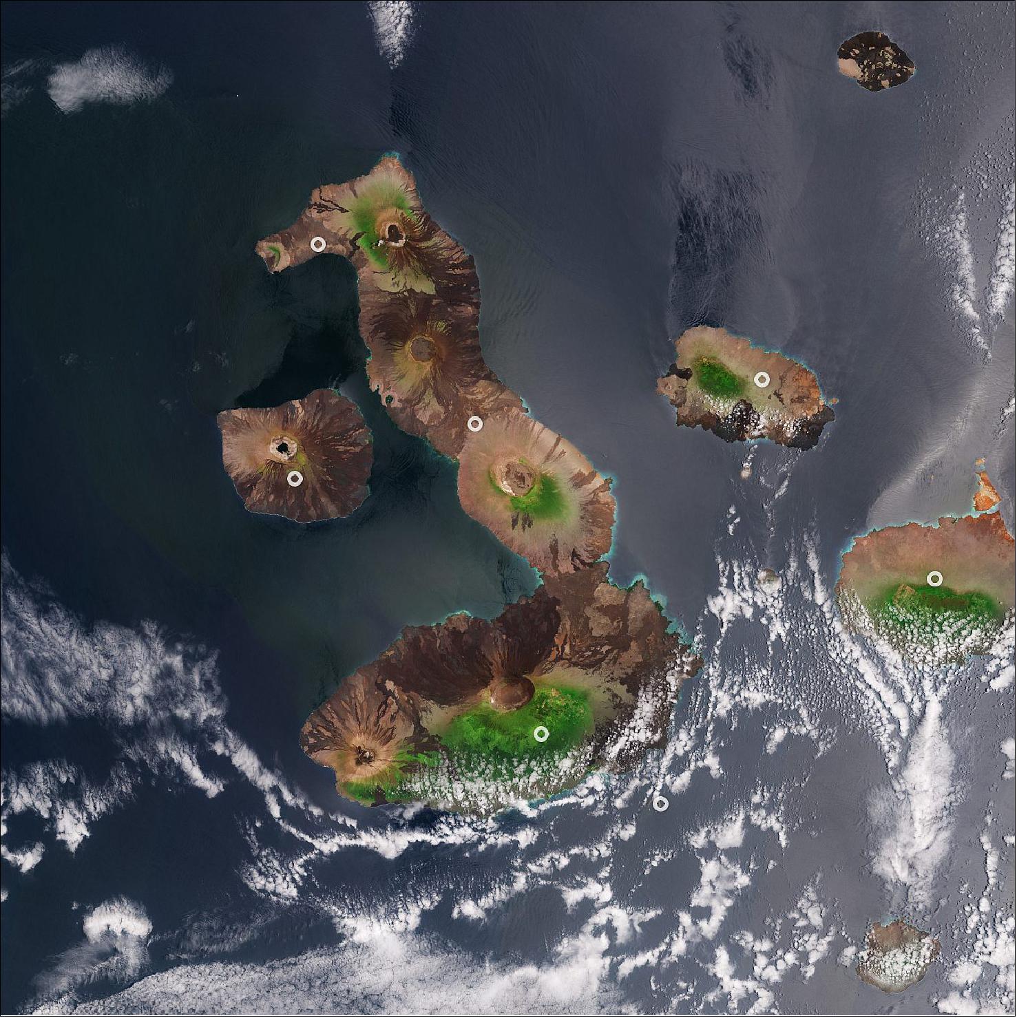Figure 68: The archipelago consists of 13 major islands and a handful of smaller islands and islets scattered across approximately 60,000 km2 of ocean. Repeated volcanic eruptions and ongoing seismic activity have helped form the rugged mountain landscape of the islands. In this image, captured on 23 September 2020, several circular volcanic cones can be seen atop the islands. This image is also featured on the Earth from Space video program (image credit: ESA, the image contains modified Copernicus Sentinel data (2020), processed by ESA, CC BY-SA 3.0 IGO)