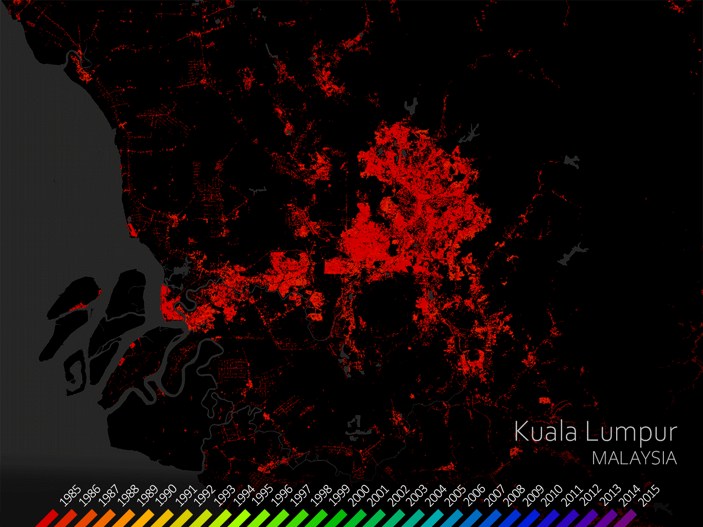 Figure 6: Kuala Lumpur, Malaysia. The World Settlement Footprint Evolution has been generated by processing seven million images from the US Landsat satellite collected between 1985 and 2015 and illustrates the worldwide growth of human settlements on a year-by-year basis (image credit: DLR/ESA)