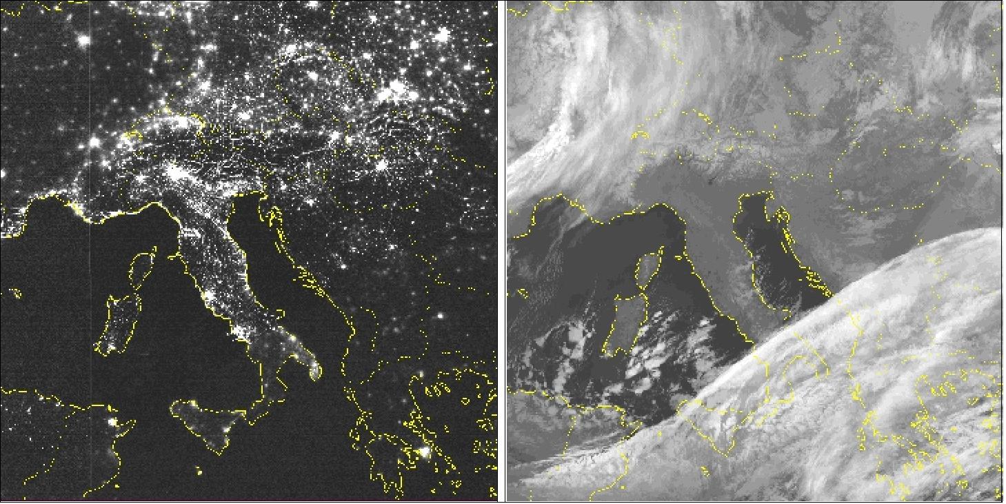 Figure 37: OLS low-light imaging of the Earth at night taken on Dec. 30, 1999 in the VNIR range (left) and in the TIR range (right), image credit: NOAA