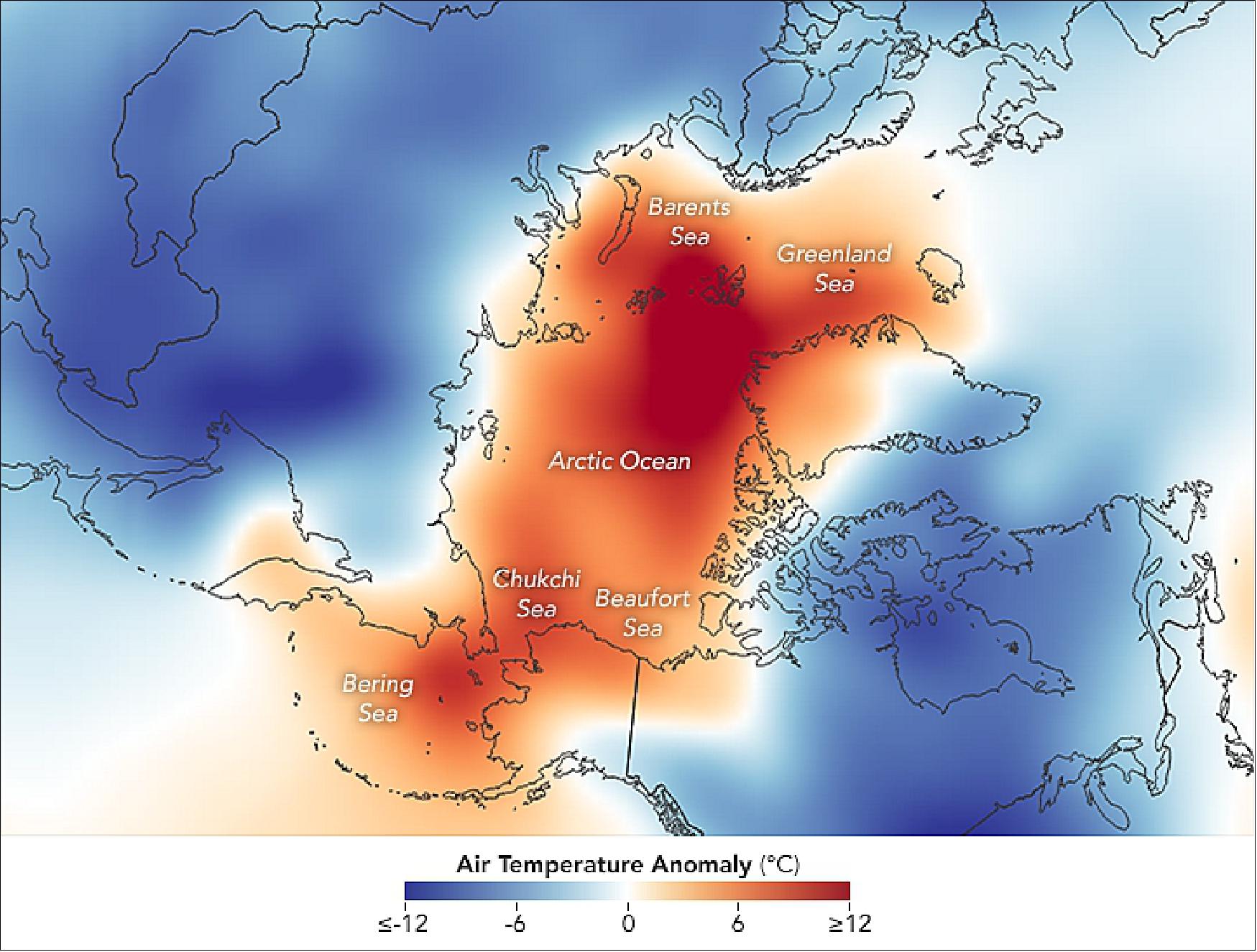 Figure 32: Temperature anomalies in the Arctic ocean in February 2018 (image credit: NASA Earth Observatory, NSIDC)