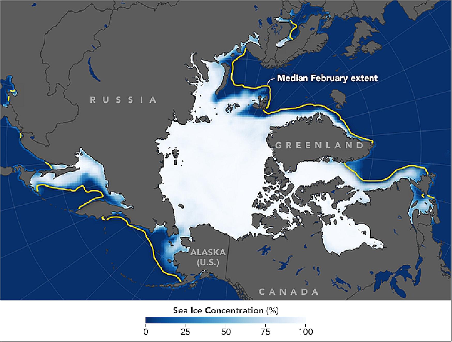 Figure 31: Map of the average concentration of Arctic sea ice, acquired in February 2018 (image credit: NASA Earth Observatory, images by Joshua Stevens, using data from the NSIDC and NCEP reanalysis data provided by the NOAA/OAR/ESRL PSD. Story by Kathryn Hansen with reporting by Maria-José Viñas/NASA’s Earth Science News Team)