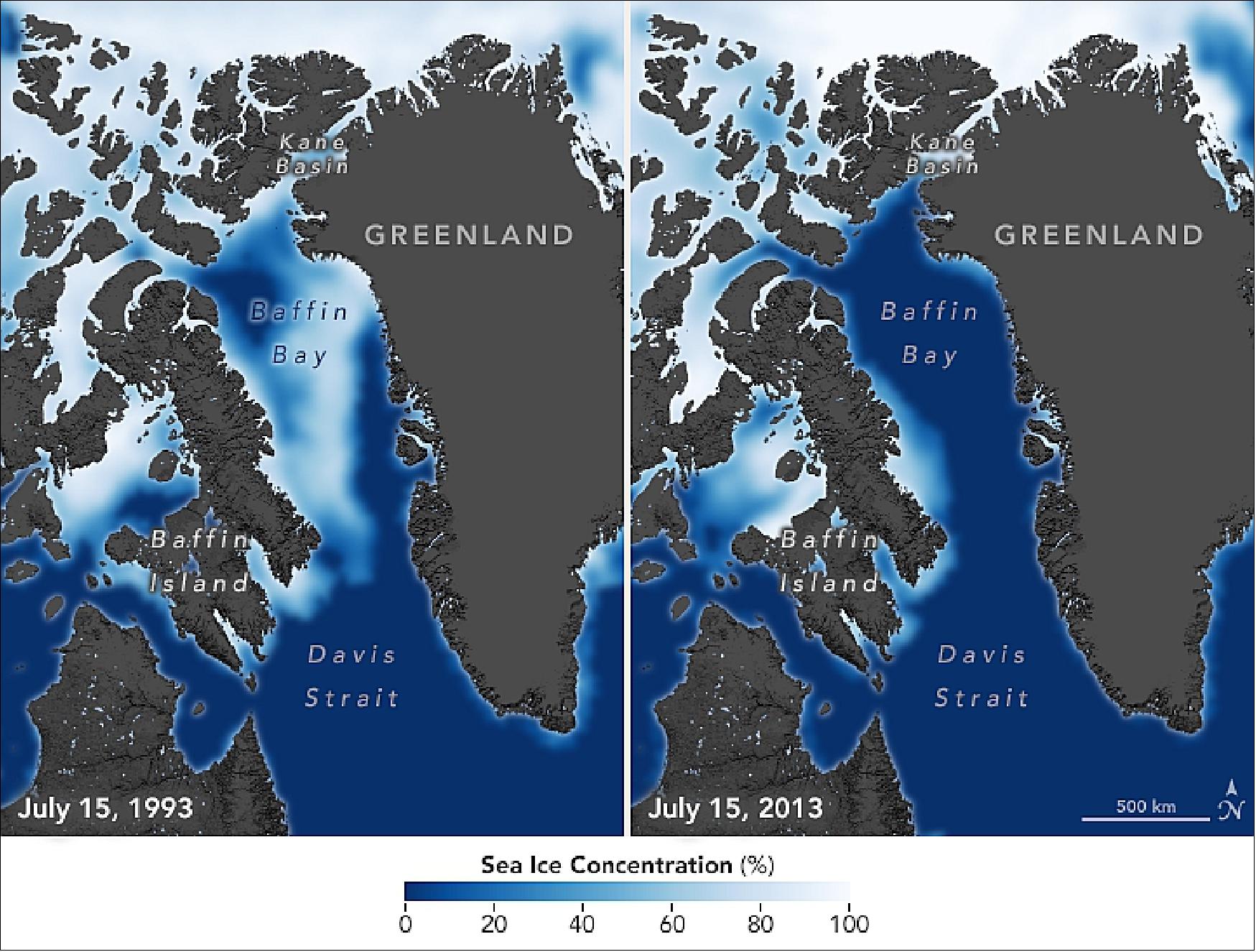 Figure 26: This map shows the difference in sea ice extent around Baffin Bay on July 15, 1993 and July 15, 2013. The satellite data are processed by NASA-funded scientists and stored at the National Snow and Ice Data Center. The graph below shows the onshore arrival and departure of polar bears on Baffin Island relative to dates of sea ice advance and retreat. Sea ice has been breaking up earlier in the spring over the years (green) and is forming later in the fall (blue).