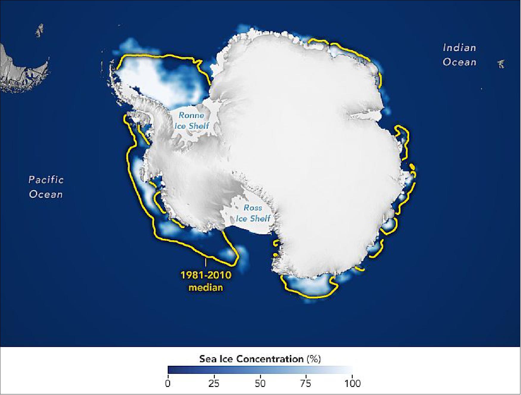 Figure 24: This map shows the extent of sea ice around Antarctica on February 21 as measured by satellites. Sea ice that day measured 2.69 million km2 (1.04 million square miles)—continuing a recovery observed in recent years, but still below the 1981-2010 average (image credit: NASA Earth Observatory)