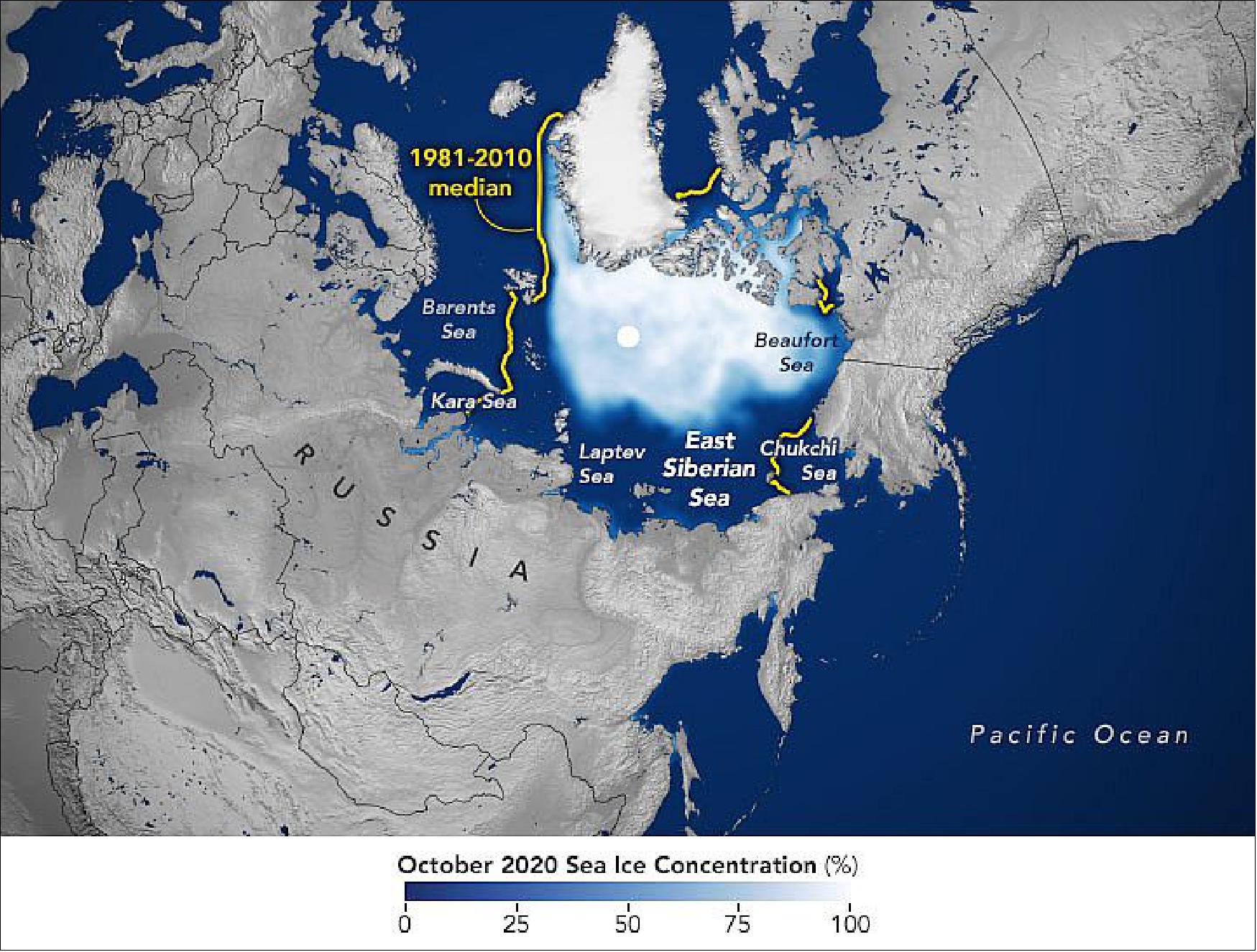 Figure 18: The low ice conditions are also apparent in this map, which shows the average sea ice extent—defined as the total area in which the ice concentration is at least 15 percent—for October 2020. The ice extent (white) on that day measured 5.28 million km2 (2.04 million square miles). That’s 3.07 million km2 (1.19 million square miles) lower than the 1981-2010 average extent for the same month (yellow line), image credit: NASA Earth Observatory
