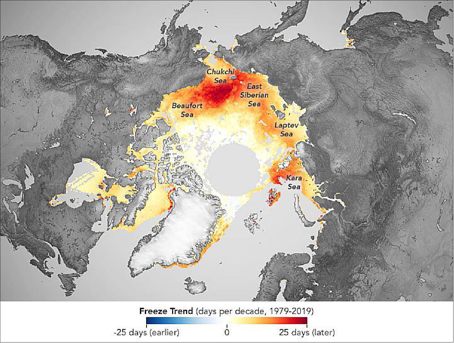 Figure 15: Forty years of satellite data [from the DMSP mission (SSM/I & SSMIS) and Nimbus-7 (SMMR)] show that 2020 was just the latest in a decades-long decline of Arctic sea ice. In a review of scientific literature, polar scientists Julienne Stroeve and Dirk Notz outlined some of these changes: In addition to shrinking ice cover, melting seasons are getting longer and sea ice is losing its longevity. The longer melting seasons are the result of increasingly earlier starts to spring melting and ever-later starts to freeze-up in autumn. The map shows trends in the onset of freeze-up from 1979 through 2019. Averaged across the entire Arctic Ocean, freeze-up is happening about a week later per decade. That equates to nearly one month later since the start of the satellite record in 1979 (image credit: NASA Earth Observatory images by Joshua Stevens, using data from the National Snow and Ice Data Center courtesy of Julienne Stroeve/Centre for Polar Observation and Modelling (CPOM). Story by Kathryn Hansen)
