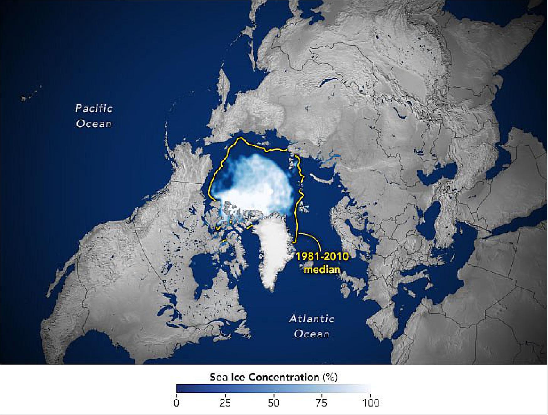 Figure 9: The map shows the sea ice extent on September 16, 2021. The ice extent (white) on that day—defined as the total area in which the ice concentration is at least 15 percent—measured 4.72 million km2 (1.82 million square miles)—higher than recent years. Sea ice extents in 2020 and 2019 were the second and third lowest on record at 3.74 million km2 in 2020 and 4.14 million in 2019 (image credit: NASA Earth Observatory images by Joshua Stevens, using data from the National Snow and Ice Data Center. Story by Kathryn Hansen and Roberto Molar Candanosa/NASA’s Earth Science News Team)