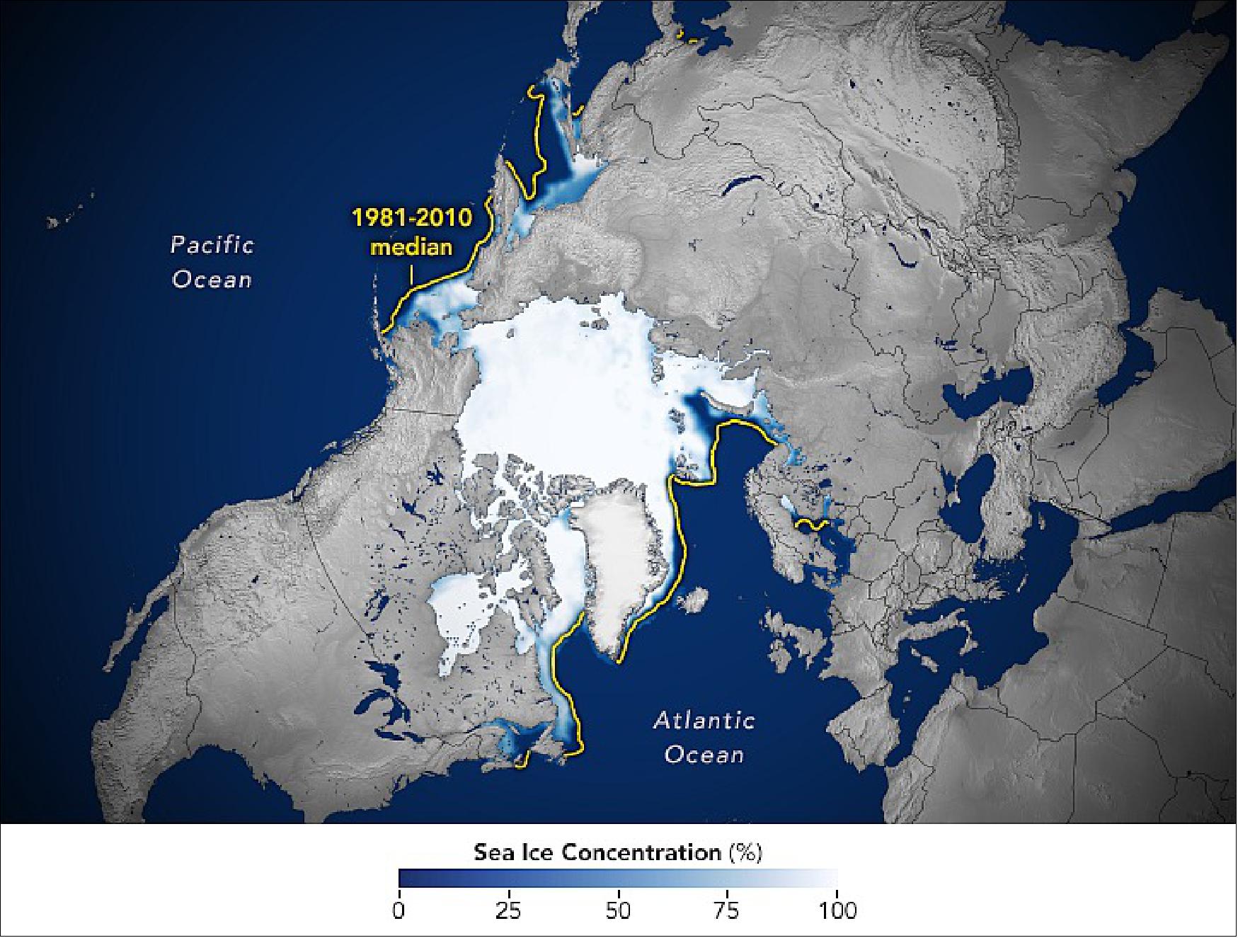 Figure 7: The map shows the average concentration of Arctic sea ice on February 25, 2022, as derived from satellite data. The yellow outline shows the median sea ice extent for the month of March (1981 to 2010), when the ice generally reaches its maximum extent. A median is the middle value: That is, half of the extents were larger than the yellow line, and half were smaller (image credit: NASA Earth Observatory images by Joshua Stevens, using data from the National Snow and Ice Data Center. Story by Roberto Molar-Candanosa, NASA’s Earth Science News Team)