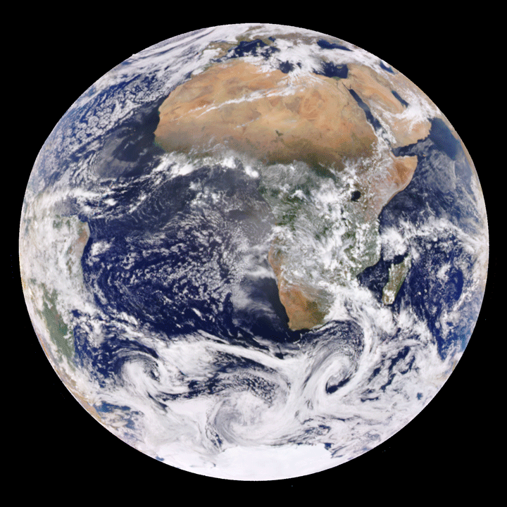 Figure 29: This animation was assembled from three images acquired on February 26 by NASA’s EPIC (Earth Polychromatic Imaging Camera), a four-megapixel CCD (Charge-Coupled Device) and Cassegrain telescope on the DSCOVR satellite. In that view, both the Earth and the lunar shadow move (image credit: NASA Earth Observatory, DSCOVR EPIC team)