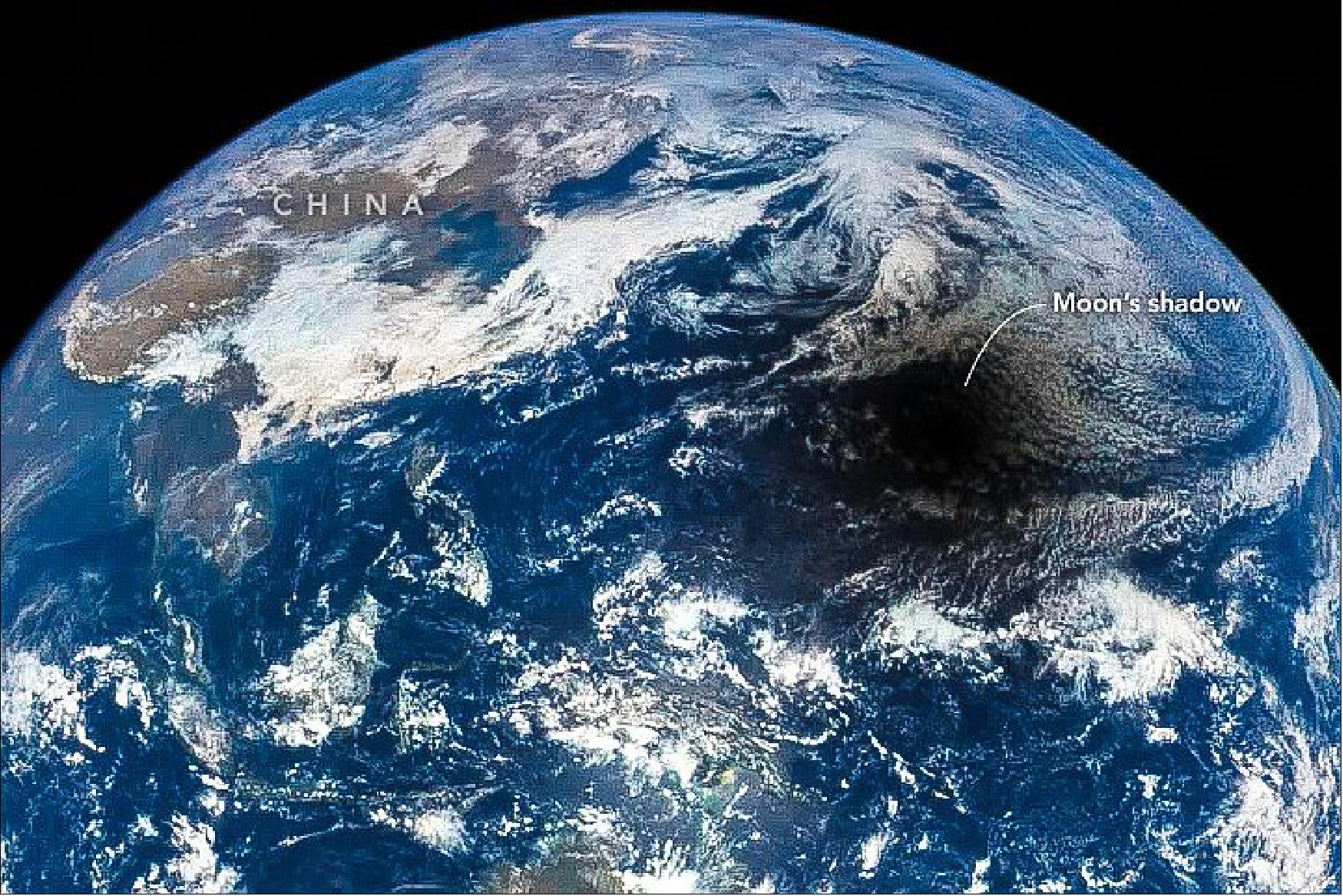 Figure 33: The moon's shadow on Earth as seen from the EPIC instrument on the DSCOVR satellite at L1 during the total solar eclipse on March 9, 2016 (image credit: NASA Earth Observatory)