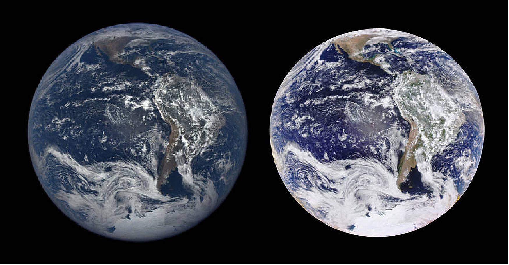 Figure 31: An EPIC Natural Color image (left) and an Enhanced Color image (right) of the Earth, acquired on January 26, 2017 (image cedit: NASA/NOAA)