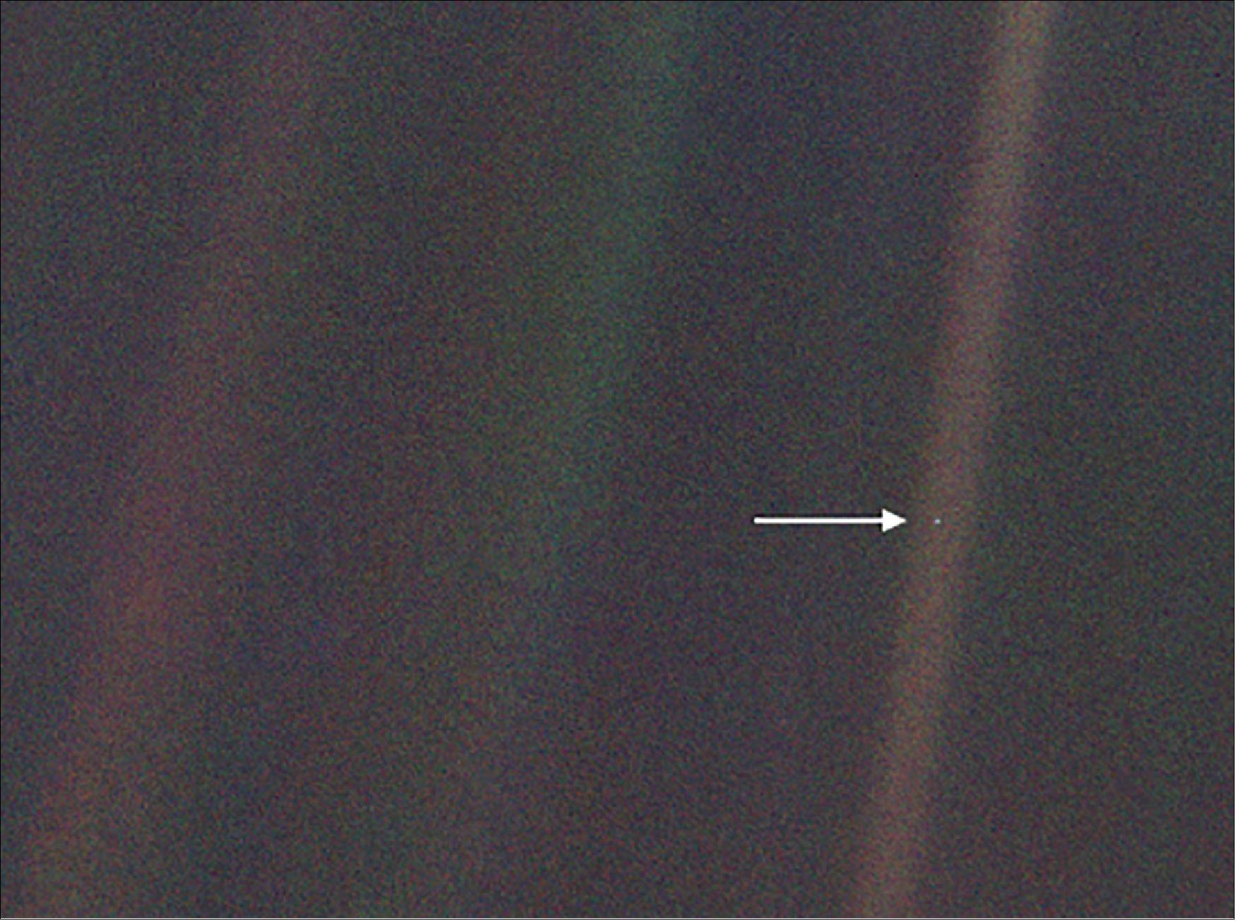 Figure 25: This image, taken by NASA's Voyager 1 spacecraft from beyond the orbit of Neptune, shows planet Earth as seen from about 5.9 billion km away. Earth appears as a very small point of light in the right half of the image, indicated by an arrow. Dubbed the "Pale Blue Dot," the image illustrates just how small an Earth-sized planet appears from far away (image credit: NASA/JPL-Caltech)