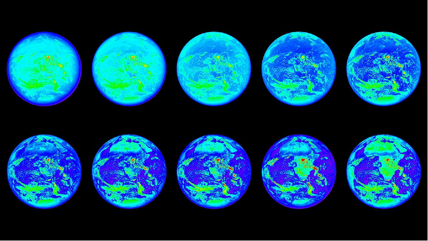 Figure 22: These images show the sunlit side of Earth in 10 different wavelengths of light that fall within the infrared, visible and ultraviolet ranges; the images are representational-color, because not all of these wavelengths are visible to the human eye. Each wavelength highlights different features of the planet — for example, the continent of Africa is visible in the lower right image, but is nearly invisible in the upper left image. These observations were obtained by NASA's EPIC instrument onboard NOAA's DSCOVR, satellite, on Aug. 2, 2017 (image credit: NASA/NOAA)