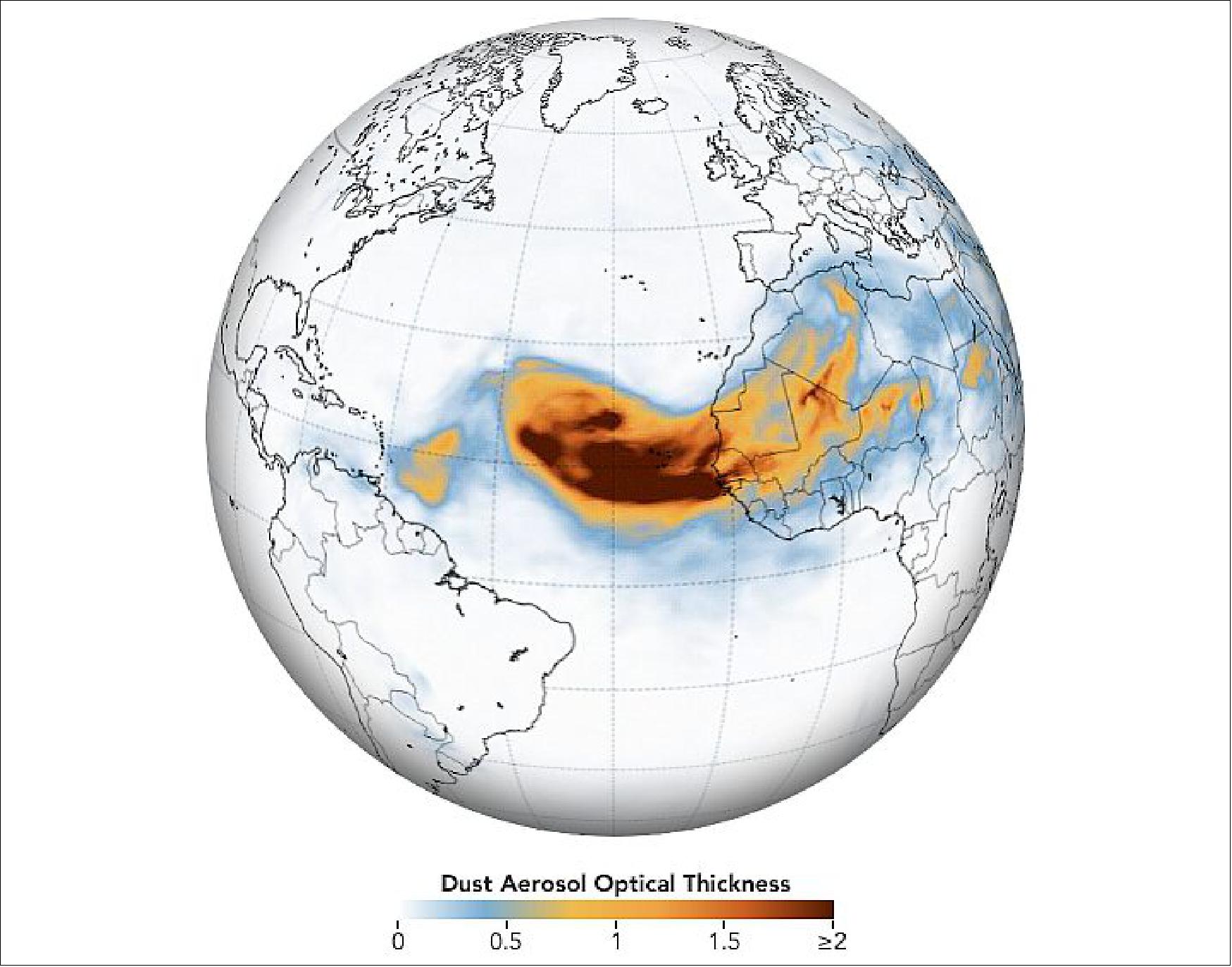 Figure 17: The map shows the dust on June 18 as represented by the Goddard Earth Observing System Model, Version 5. GEOS-5 is a global atmospheric model that uses mathematical equations to represent physical processes. The map depicts aerosol optical thickness, a measure of the amount of light that the aerosols scatter and absorb, and a proxy for the number of particles in the air. Orange and red colors indicate extremely hazy conditions (image credit: NASA Earth Observatory)