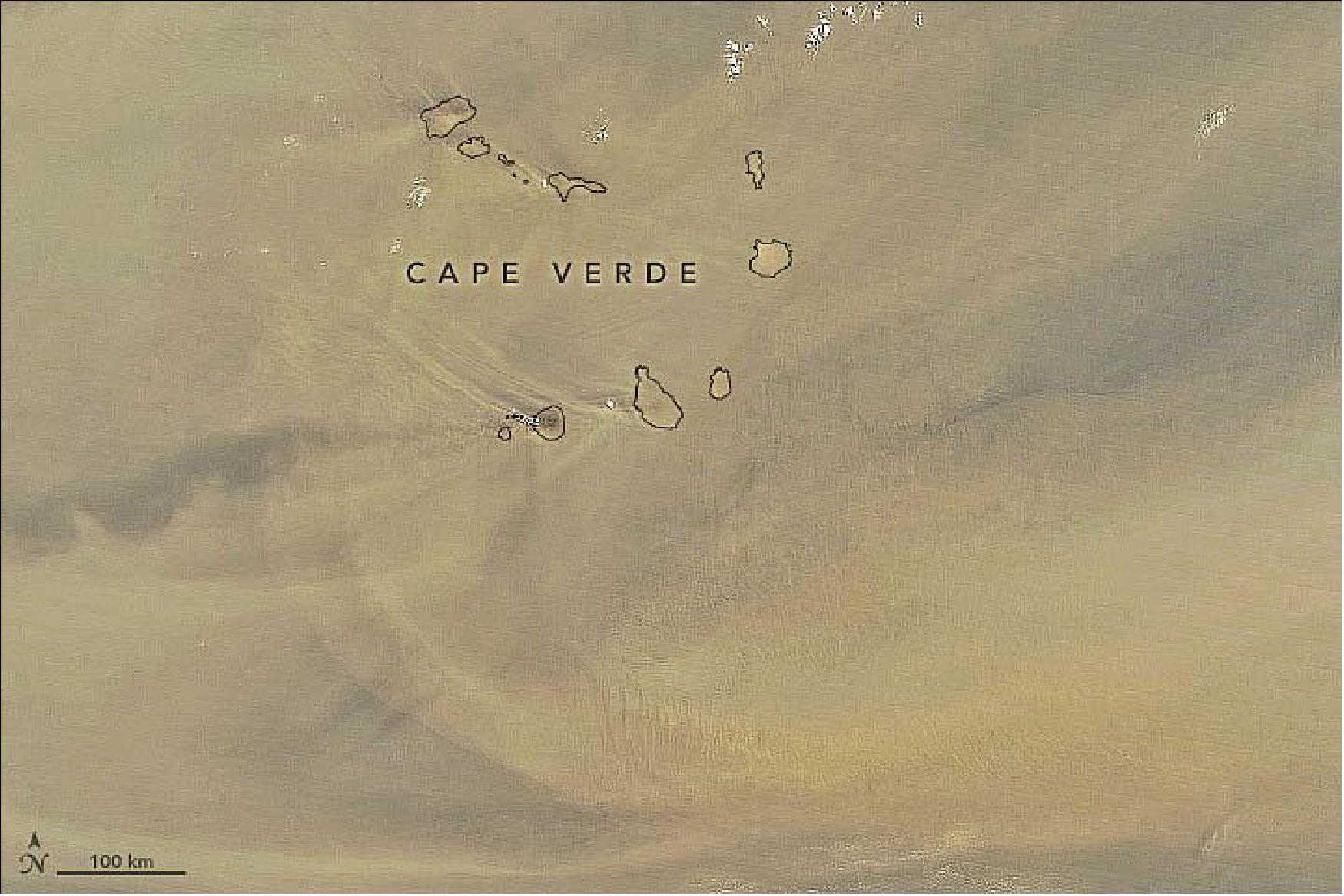 Figure 16: That same day, the Moderate Resolution Imaging Spectroradiometer (MODIS) on NASA’s Terra satellite acquired a detailed view of the dust over the Cape Verde (Cabo Verde) islands. The archipelago, located about 570 km off the west coast of Africa, is frequently in the path of dust plumes (image credit: NASA Earth Observatory)