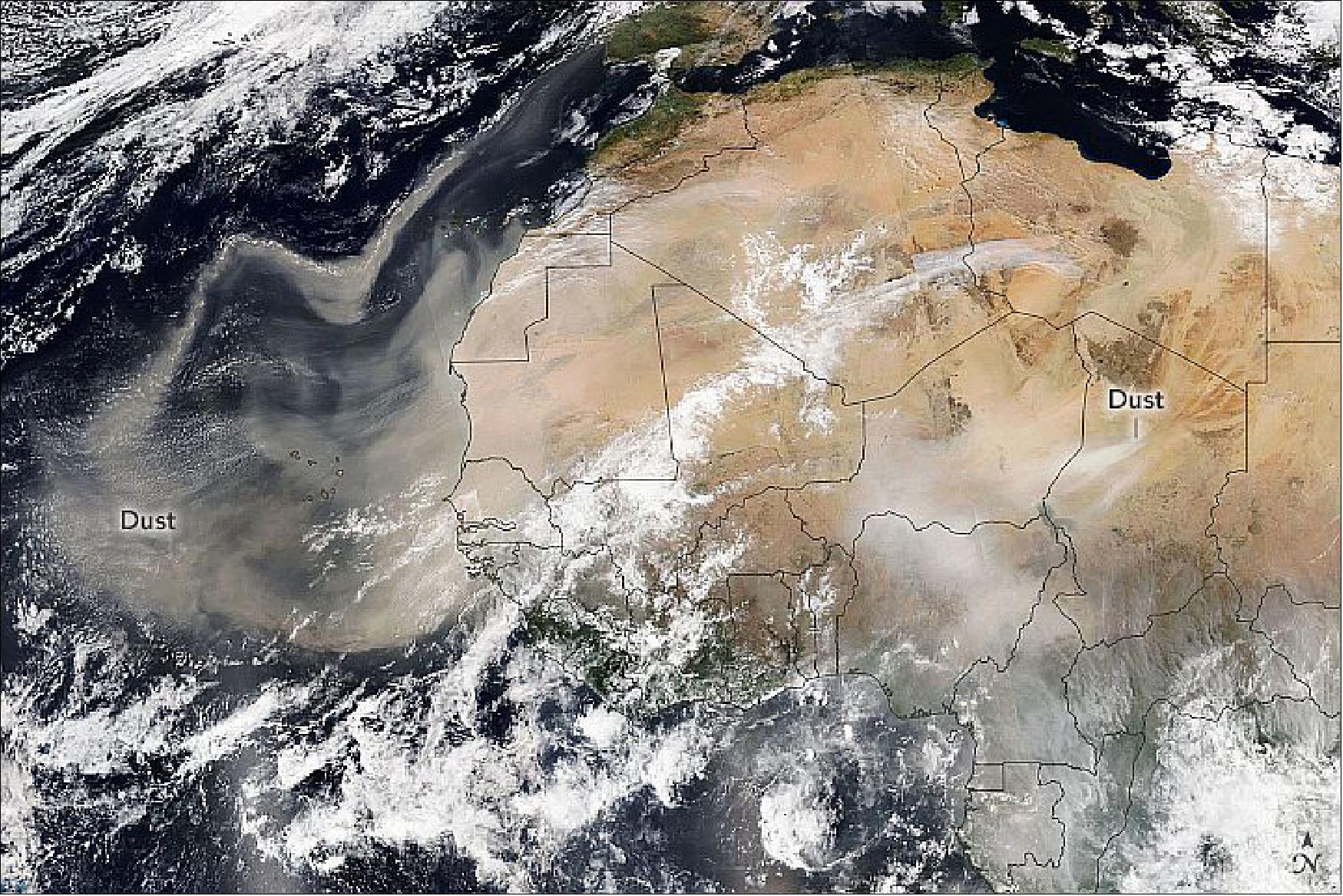 Figure 13: A dramatic display of airborne dust particles was observed on February 18, 2021, by the Visible Infrared Imaging Radiometer Suite (VIIRS) on the NOAA-20 spacecraft. The dust appears widespread, but particularly stirred up over the Bodélé Depression in northeastern Chad (image credit: NASA Earth Observatory image by Lauren Dauphin, using VIIRS data from NASA EOSDIS LANCE, GIBS/Worldview, and the Suomi National Polar-orbiting Partnership. Story by Kathryn Hansen)