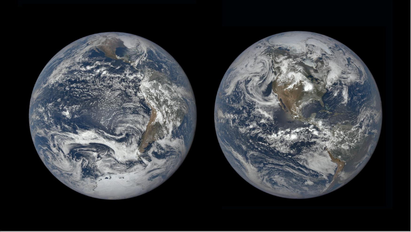 Figure 12: These views, captured from the Sun-facing side of Earth, show the change in Earth’s tilt between the December (left) and June (right) solstices. These images were taken by NASA’s Earth Polychromatic Imaging Camera on the National Oceanic and Atmospheric Administration's DSCOVR satellite in December 2018 and June 2019 (image credit: NASA/DSCOVR EPIC)